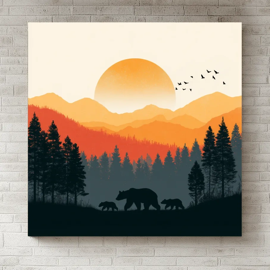 Sunset Mama Bear & Cubs Silhouette - Wildlife Forest Landscape Wall Art