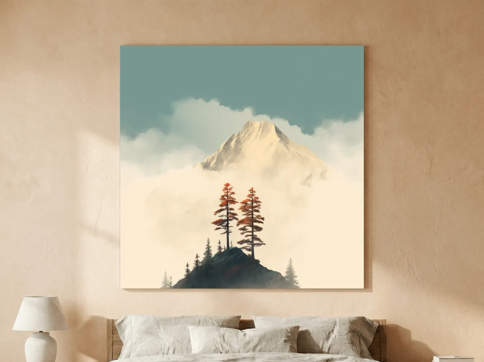 Misty Alpine Peak With Autumn Pines - Minimalist Mountain Artwork