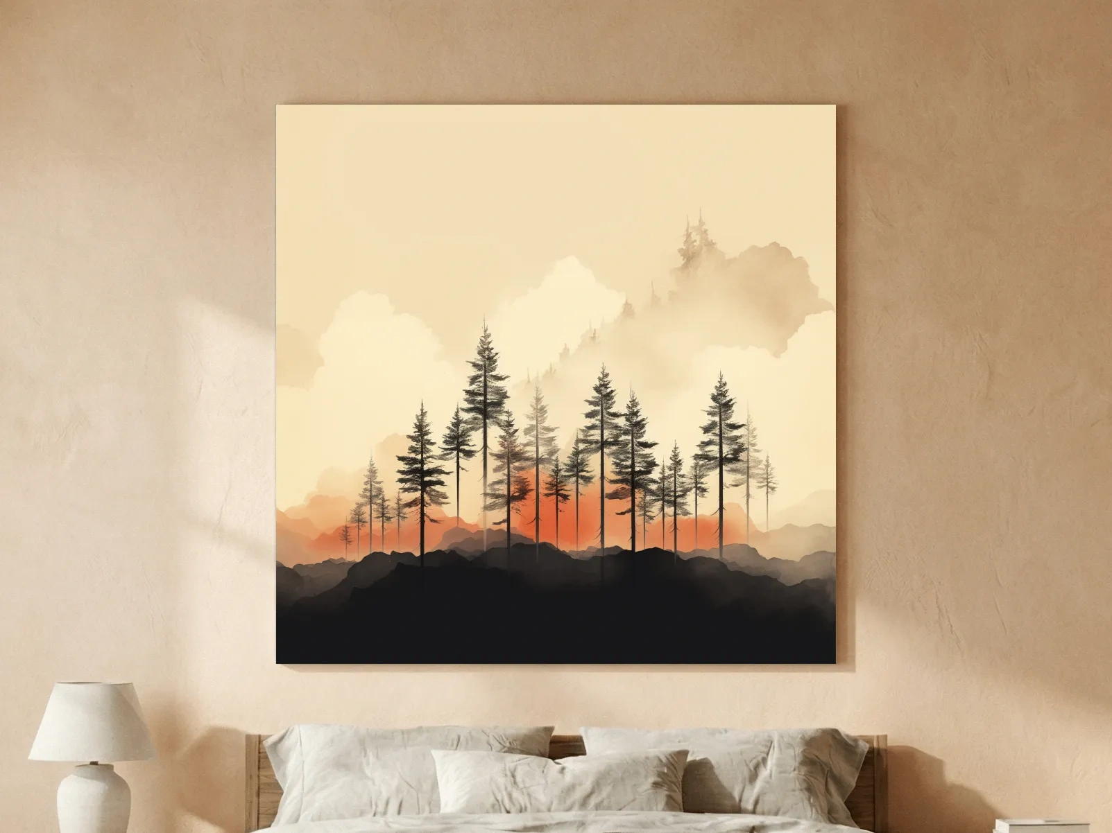 Misty Pine Forest Silhouettes At Sunrise - Minimalist Watercolor Mountain Wall Art