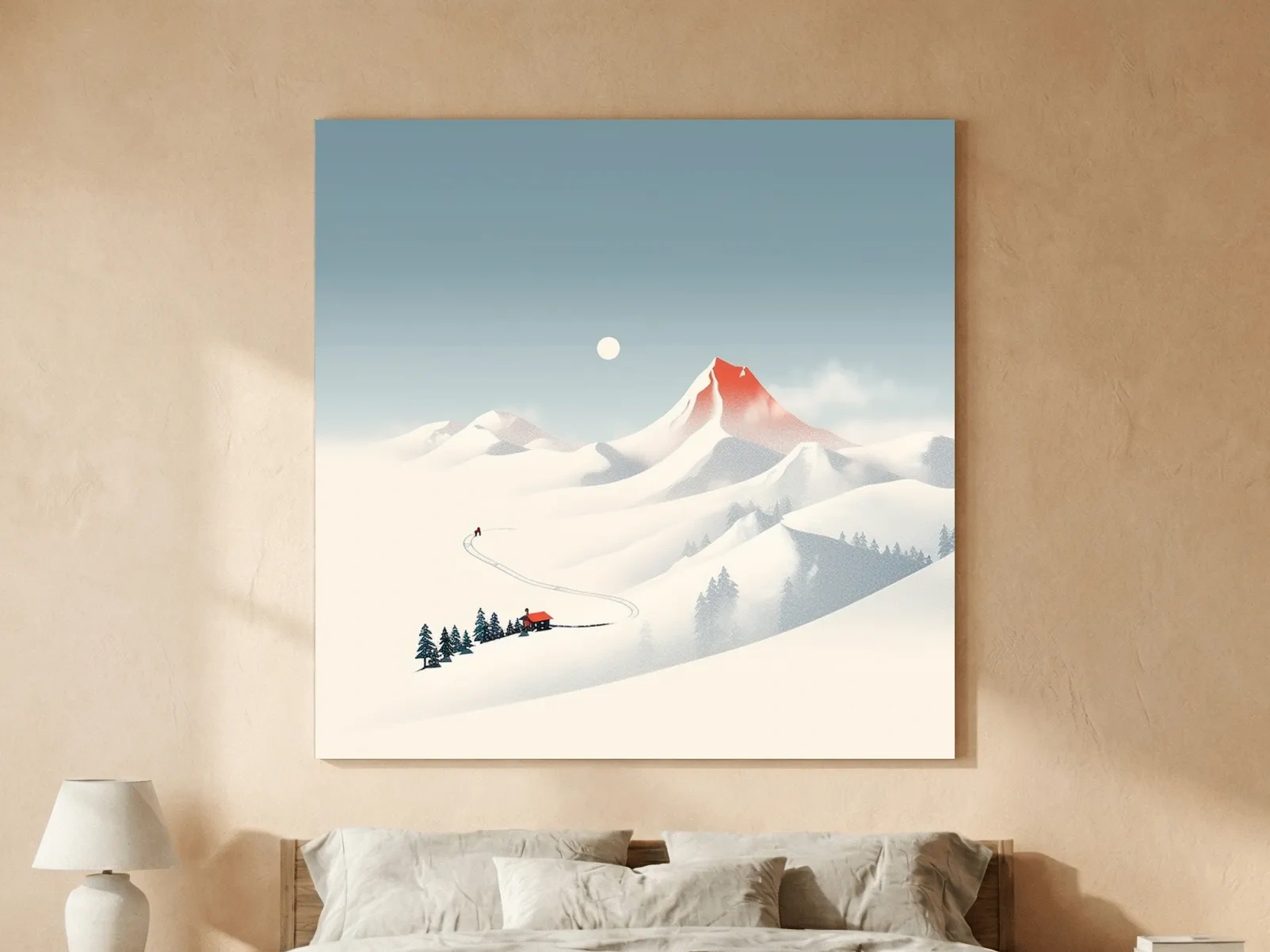 Minimalist Snowy Mountain Cabin Landscape - Nordic Winter Wall Art