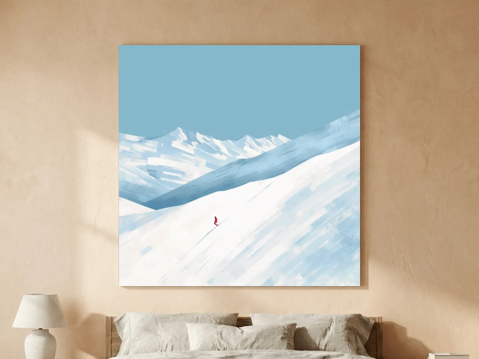Minimalist Snowy Mountain Skier Painting - Alpine Winter Wall Art