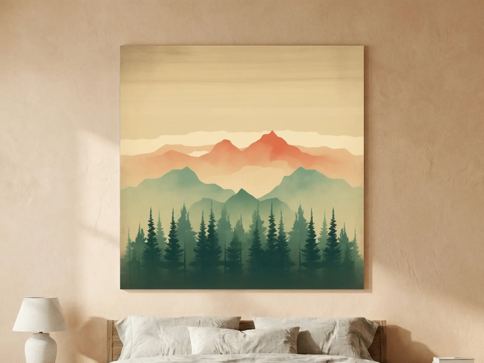 Misty Watercolor Mountain Range Sunrise - Pine Forest Landscape Artwork