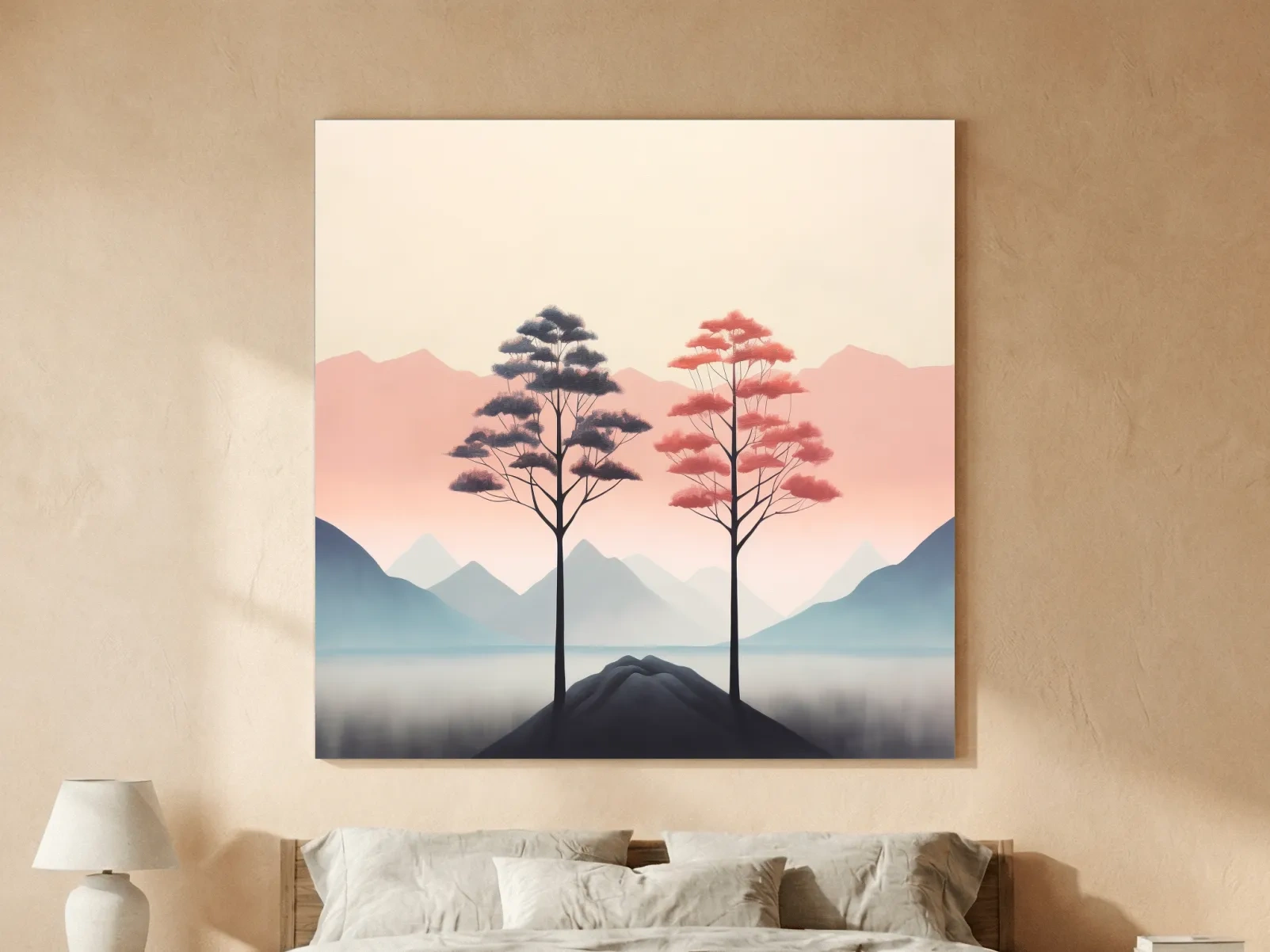 Minimalist Twin Pine Trees Landscape - Serene Pastel Mountain Lake Wall Art