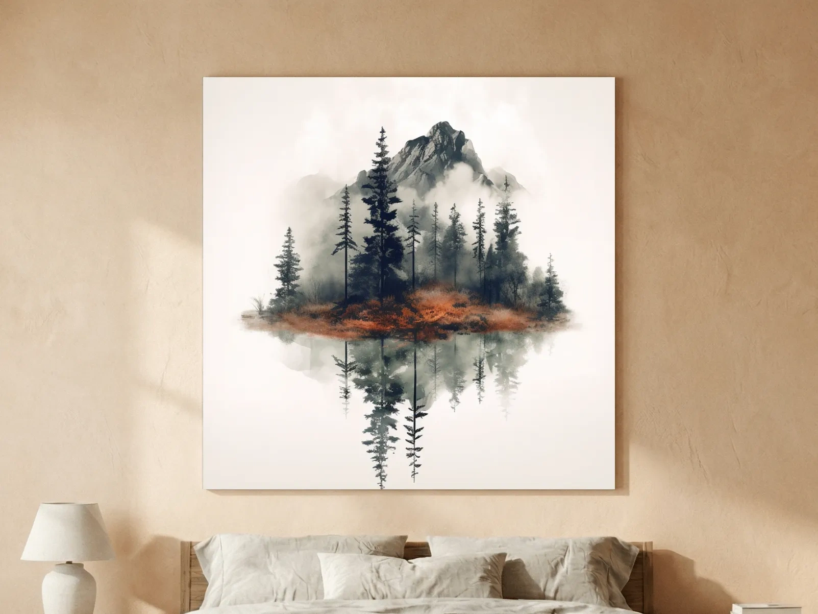 Minimalist Mountain Lake Reflection Watercolor - Moody Pine Forest Landscape Wall Art