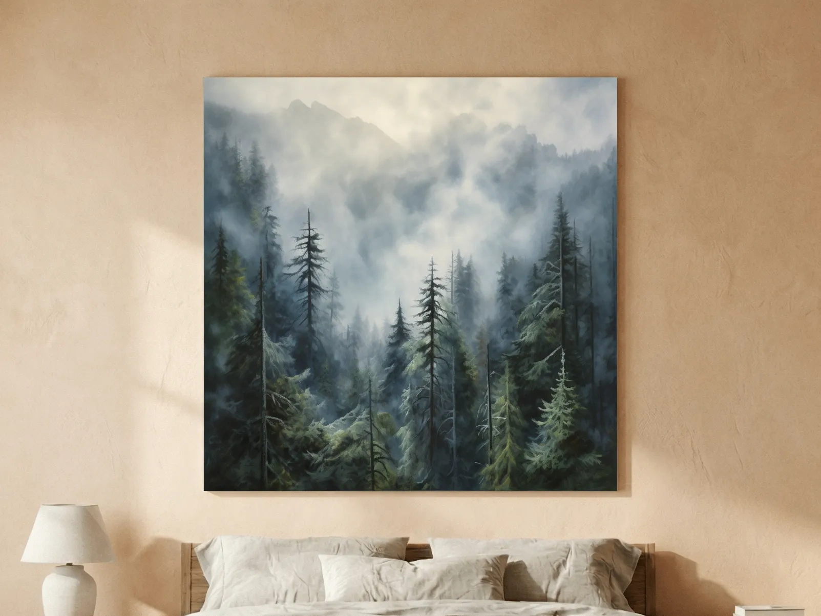 Moody Misty Pine Forest Mountains - Atmospheric Landscape Painting Wall Art
