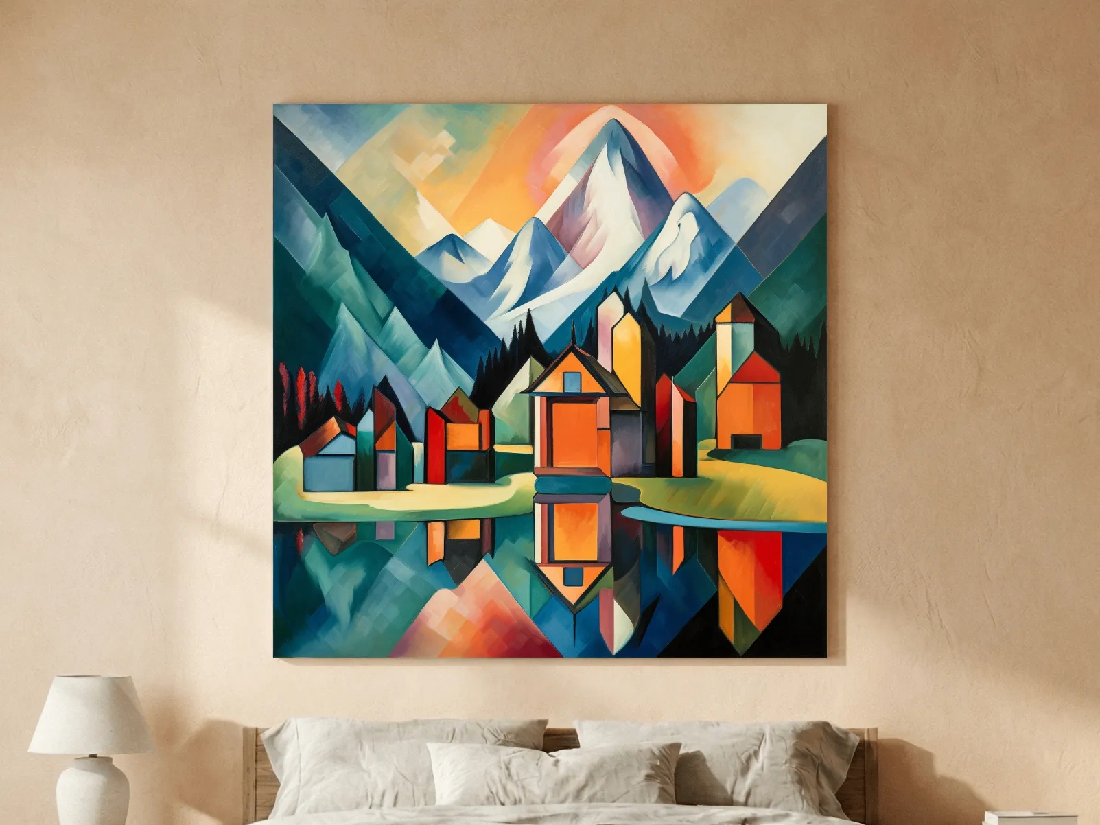 Colorful Geometric Alpine Village Lake Painting - Modern Abstract Mountain Wall Art