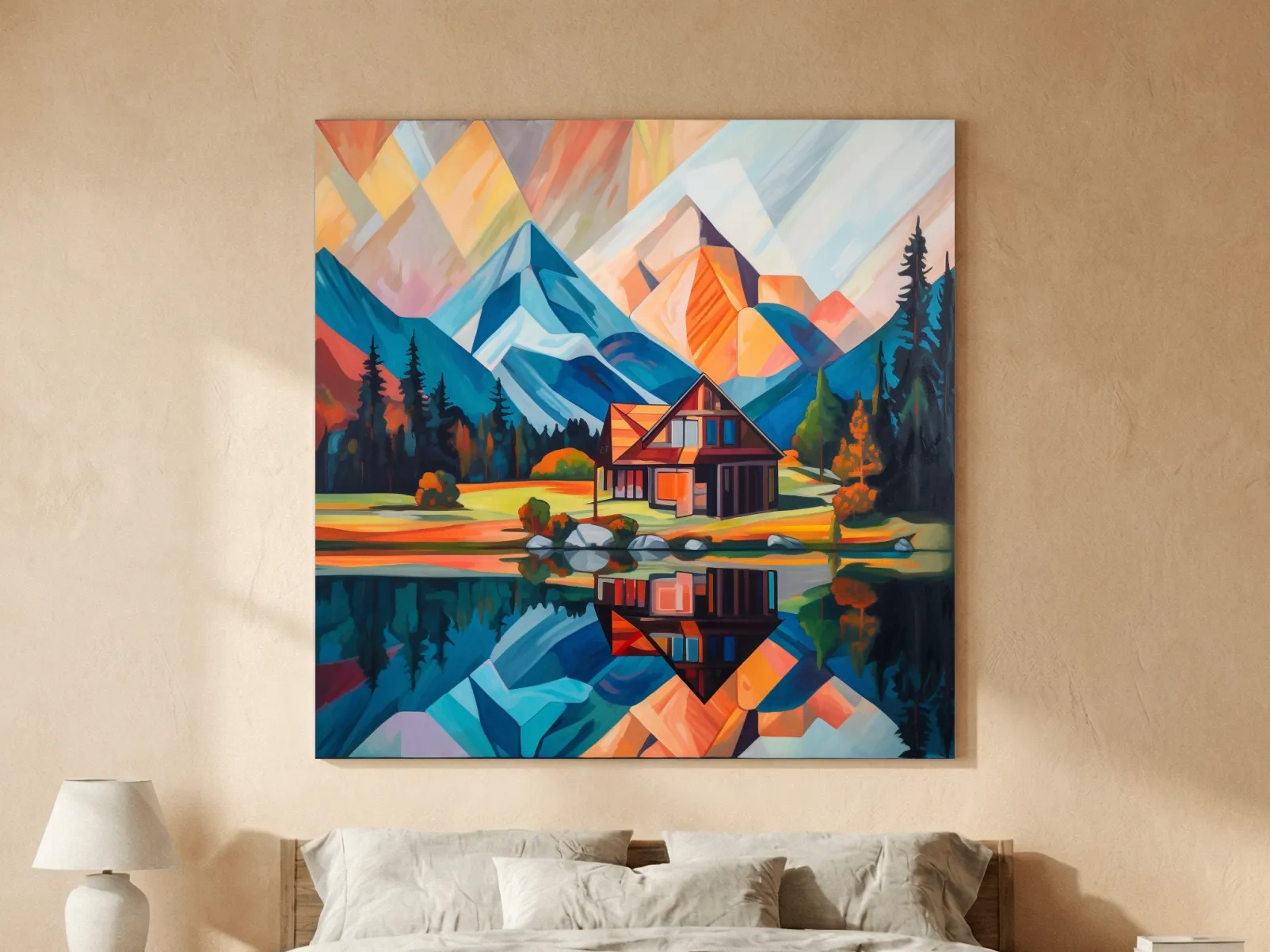 Vibrant Geometric Mountain Cabin Lake Reflection - Abstract Sunrise Wall Art