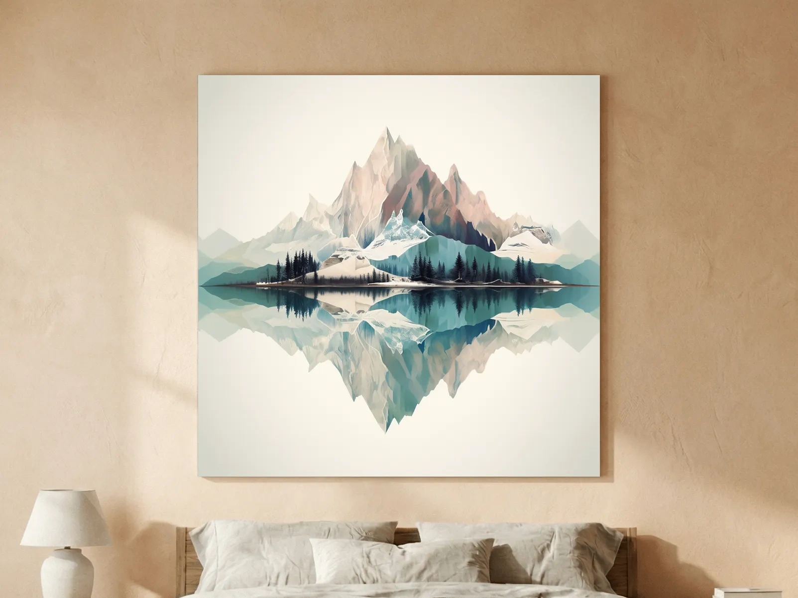 Minimalist Alpine Mountain Lake Reflection - Serene Pastel Watercolour Wall Art