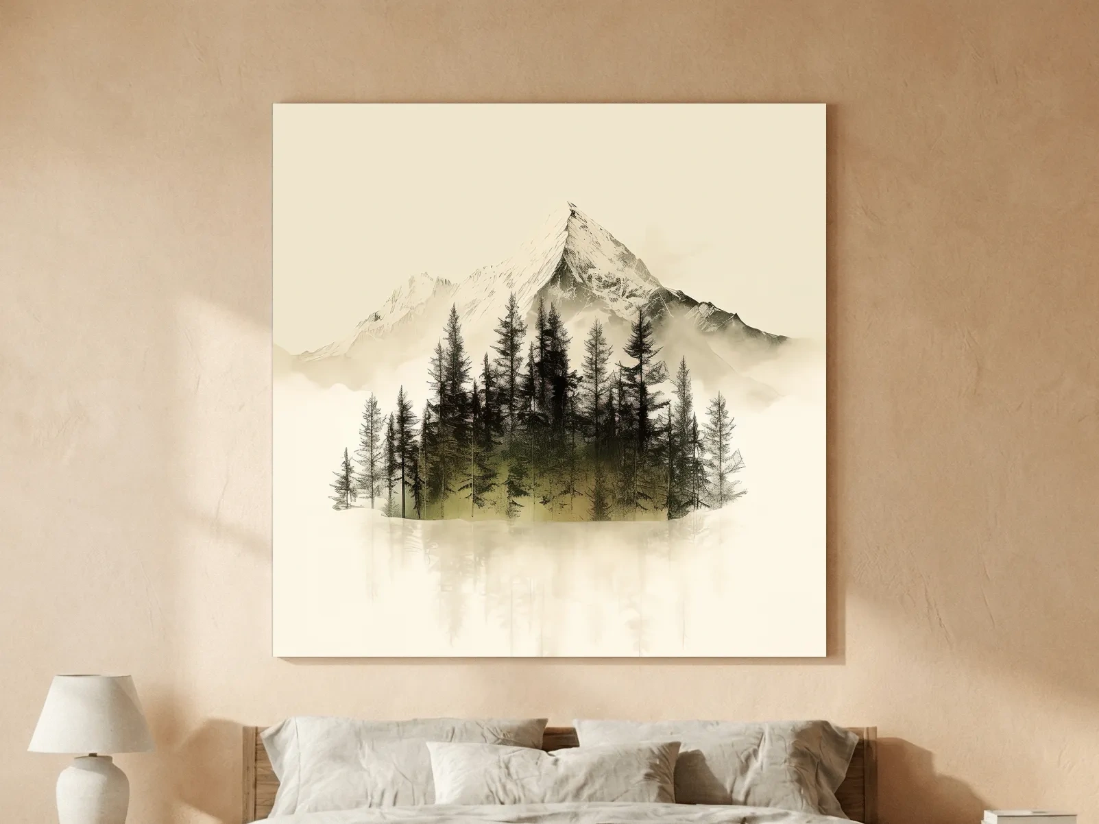 Misty Alpine Mountain Pine Forest Artwork - Minimalist Landscape Wall Art