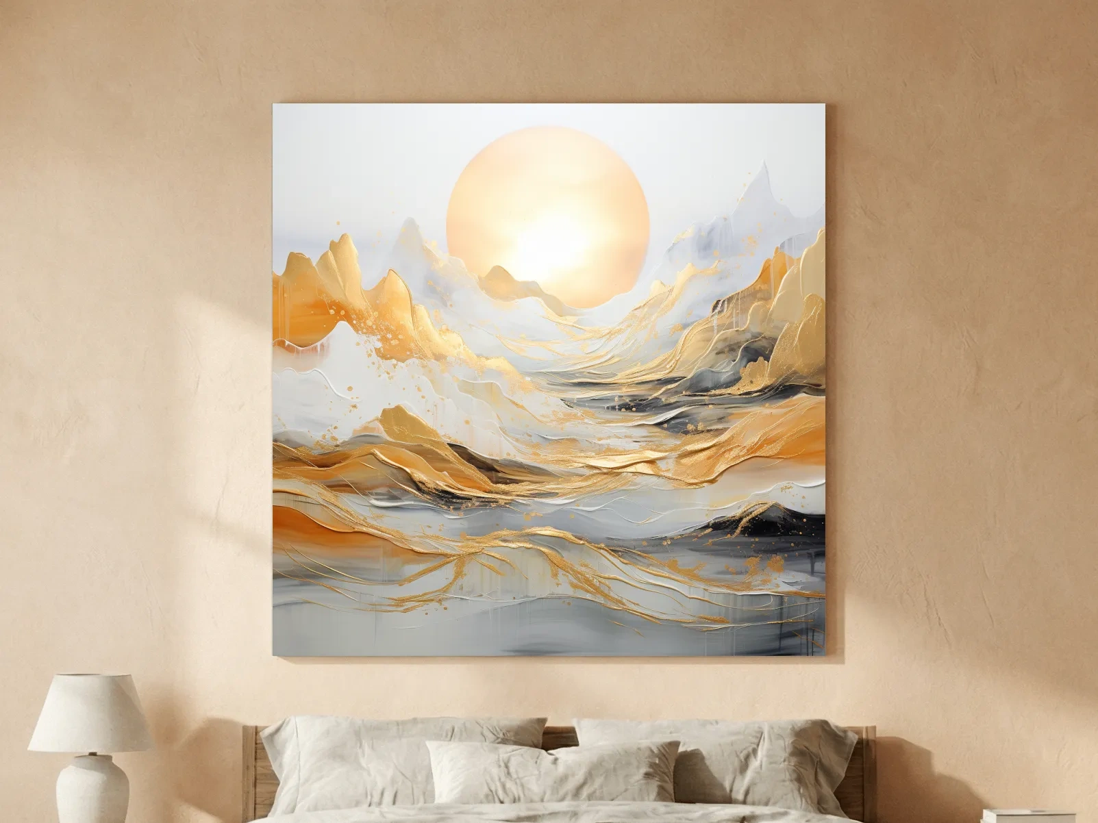 Abstract Golden Sunrise Mountain Landscape - Modern Golf Leaf Style Wall Art