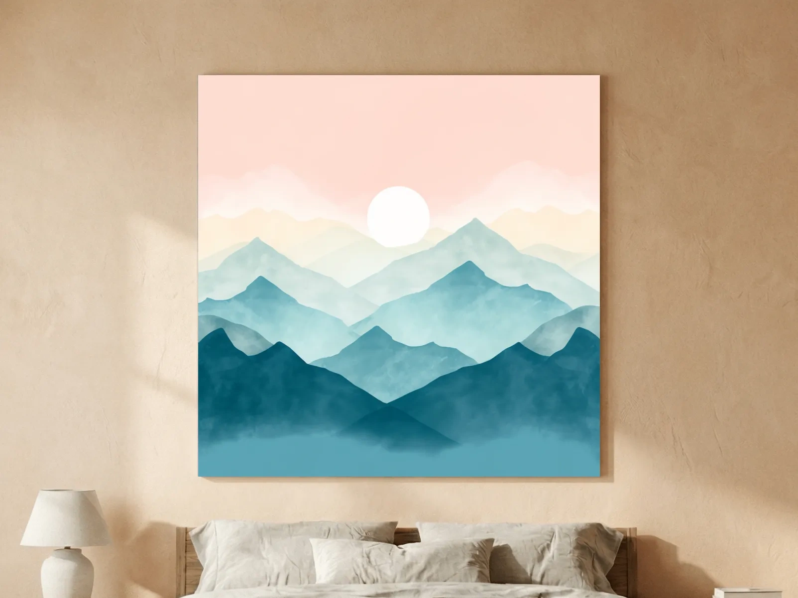 Minimalist Watercolor Misty Mountain Sunrise - Pastel Alpine Landscape Wall Art