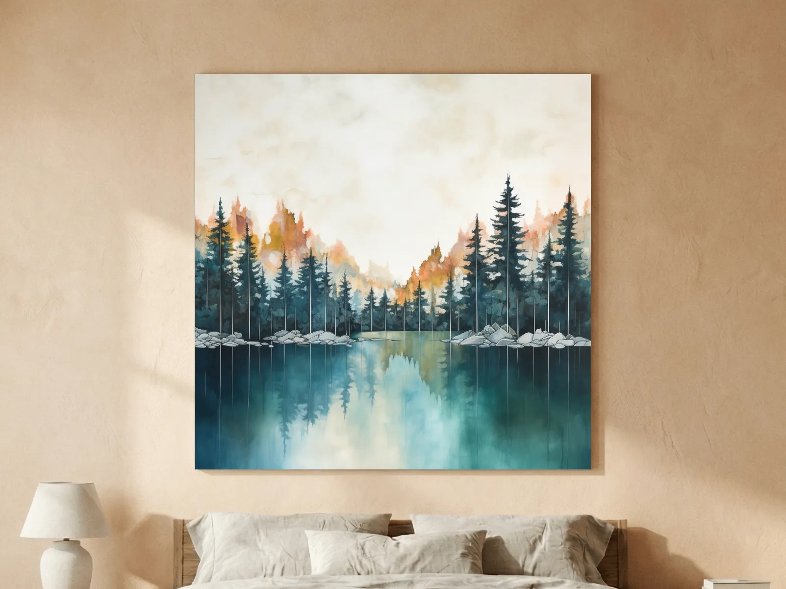 Misty Forest Lake Watercolor Painting - Serene Landscape Wall Art