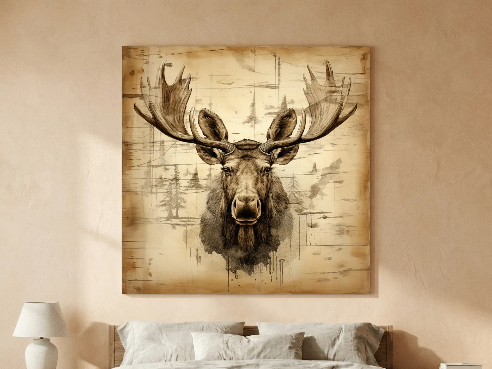 Rustic Sepia Moose Portrait Sketch - Vintage Lodge Wildlife Wall Art