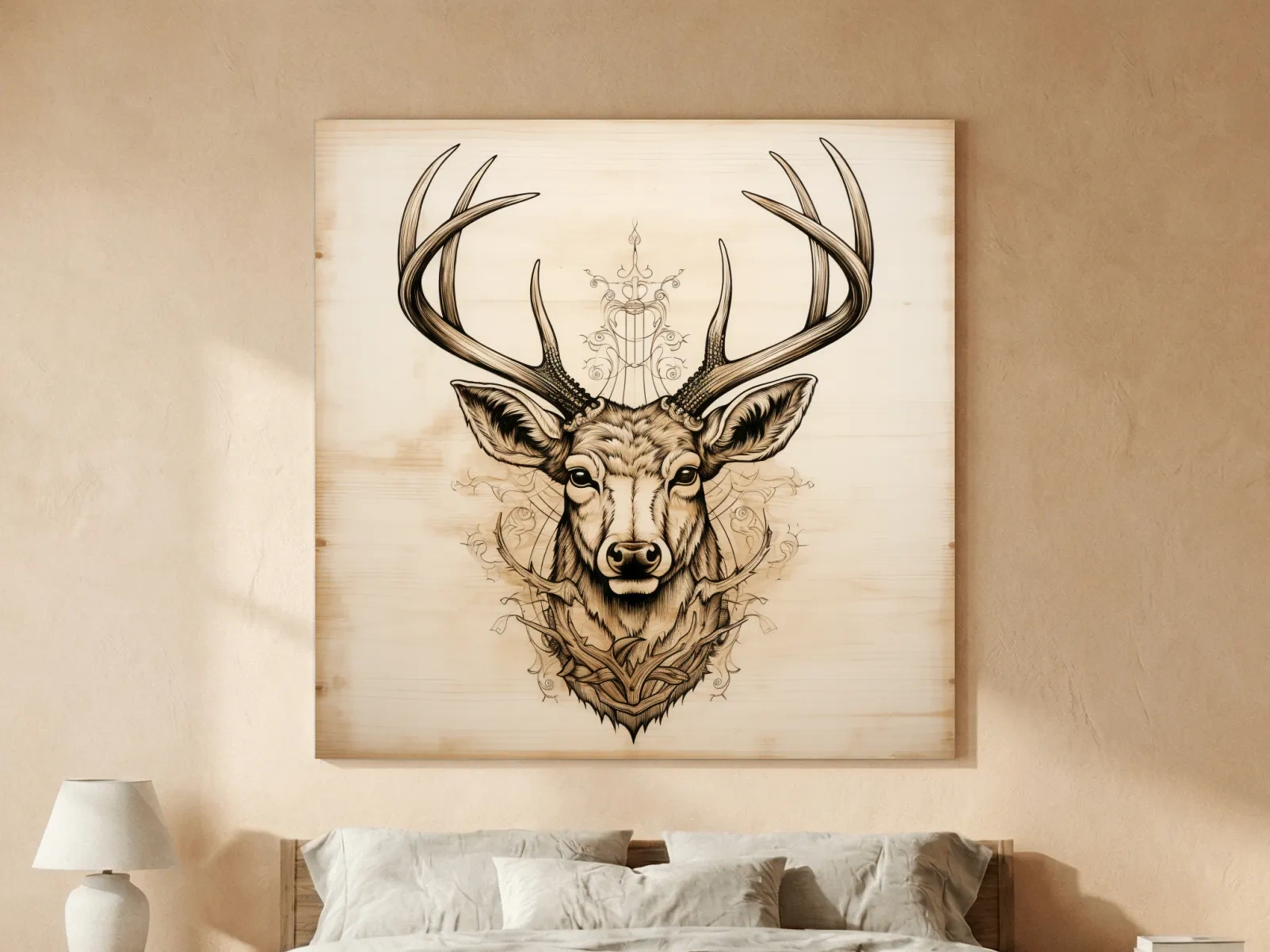 Ornate Deer Head on Wood Sketch Illustration - Rustic Wildlife Wall Art