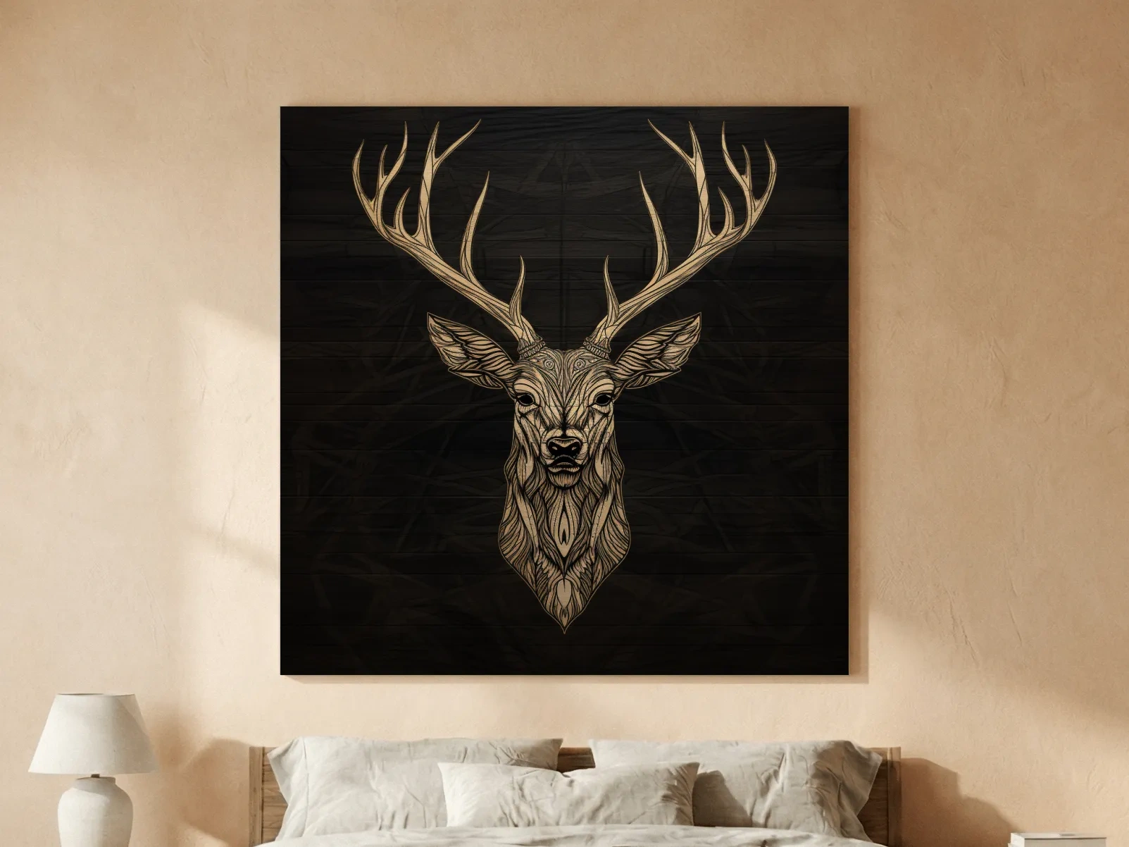 Elegant Geometric Deer Head Line Art - Rustic Woodcut Style Wildlife Artwork