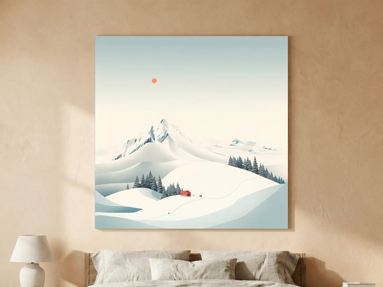 Minimalist Snowy Mountain Cabin Landscape - Winter Wall Art