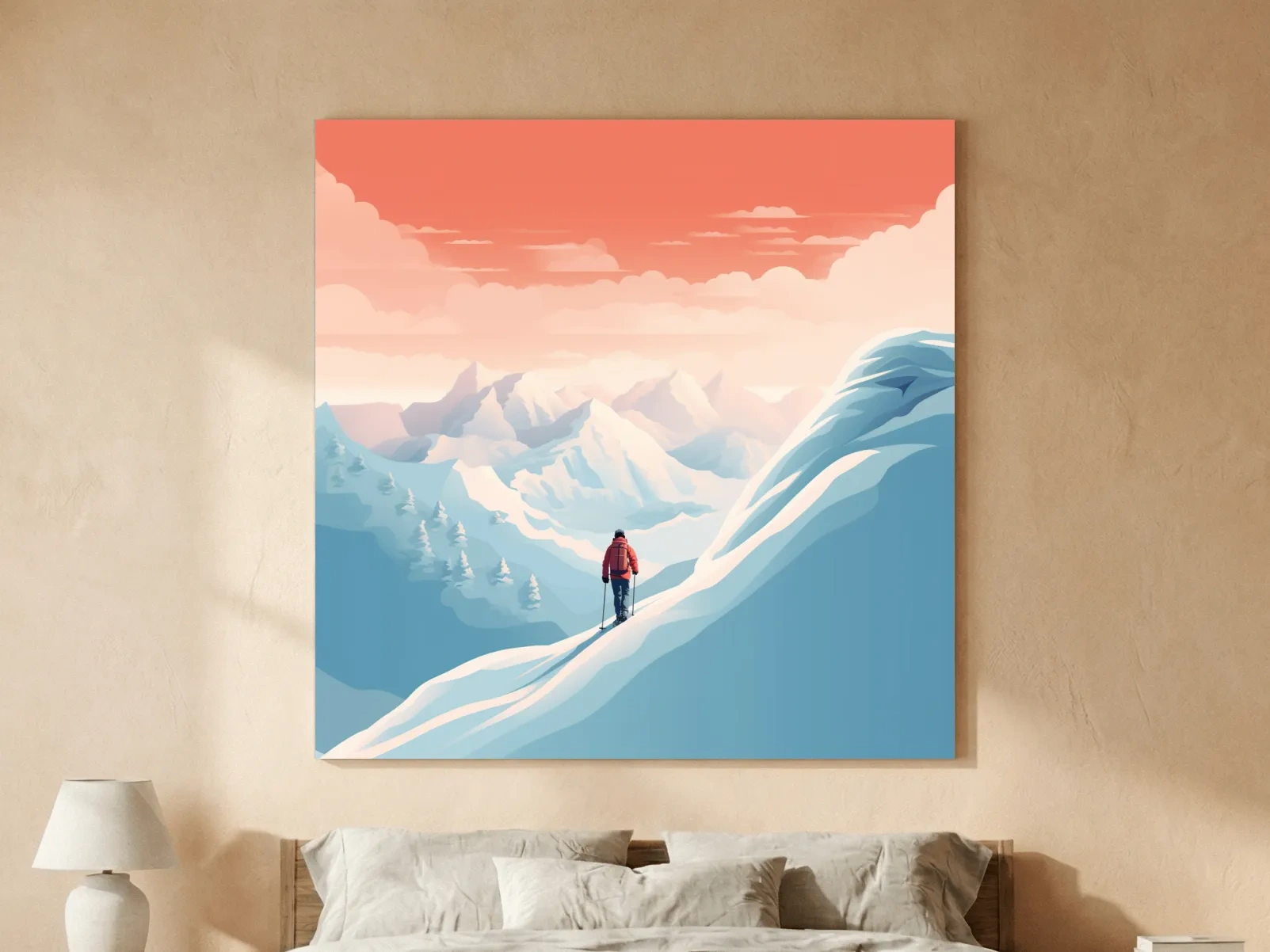 Minimalist Backcountry Skier Illustration - Pastel Alpine Landscape Wall Art