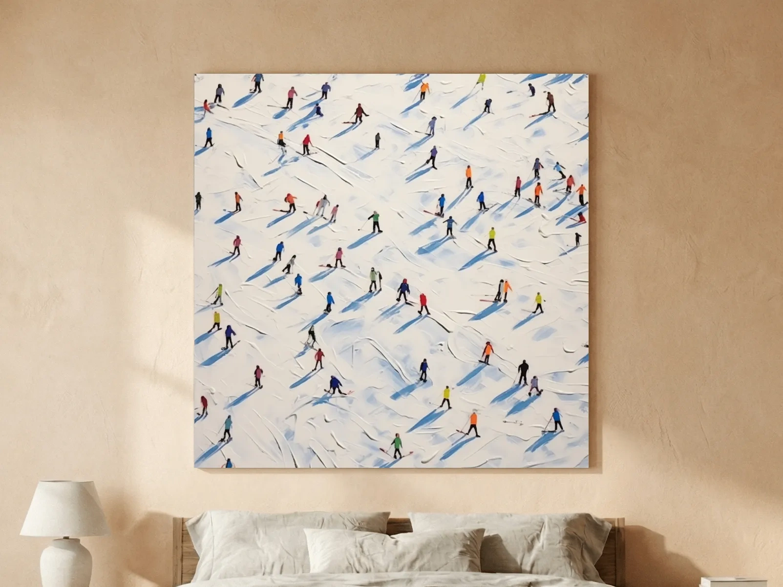 Tiny Skiers On Snowy Slopes - Modern Winter Sports Painting Wall Art