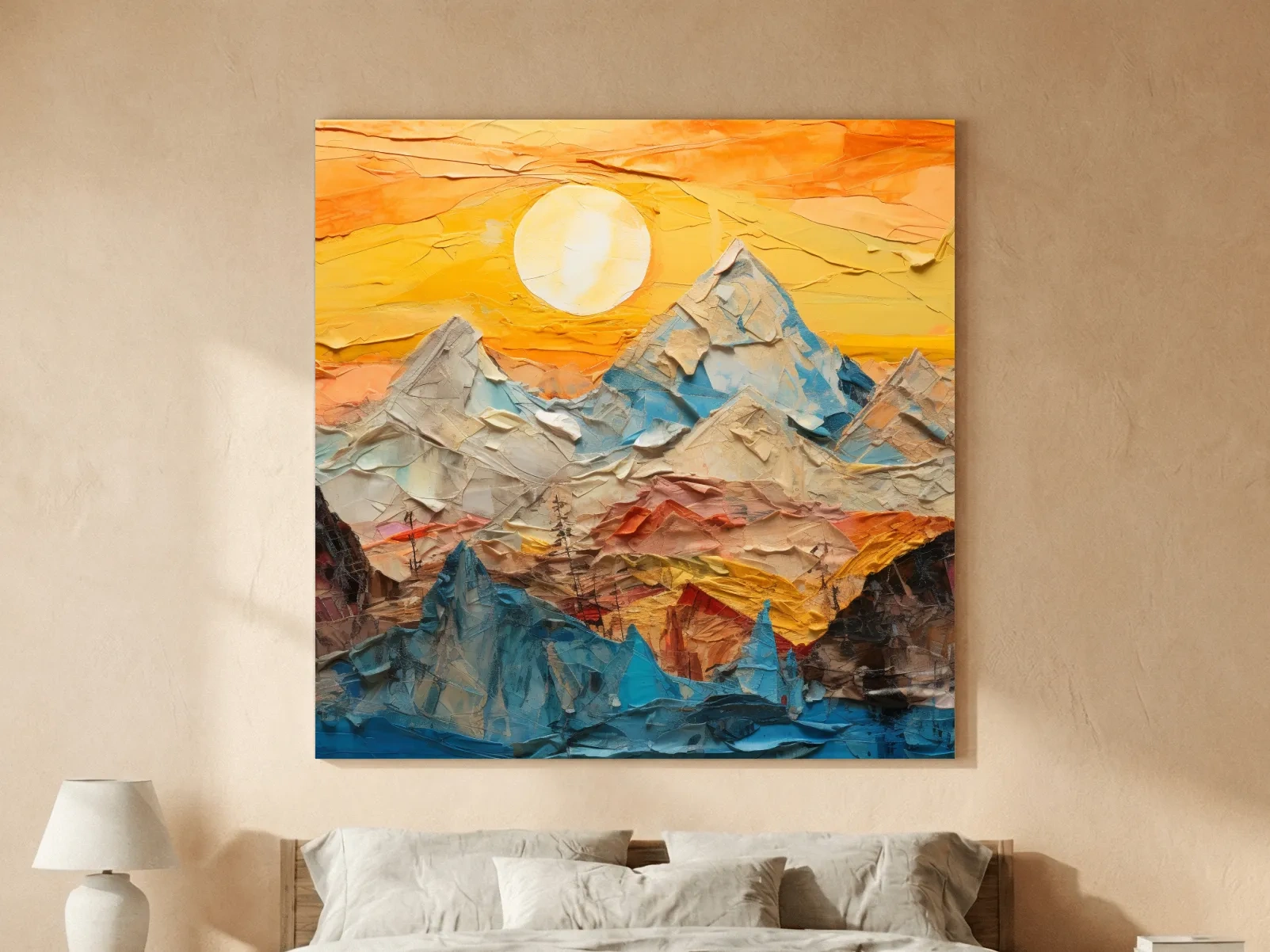 Collage Mountain Sunrise Painting - Warm Abstract Landscape Wall Art