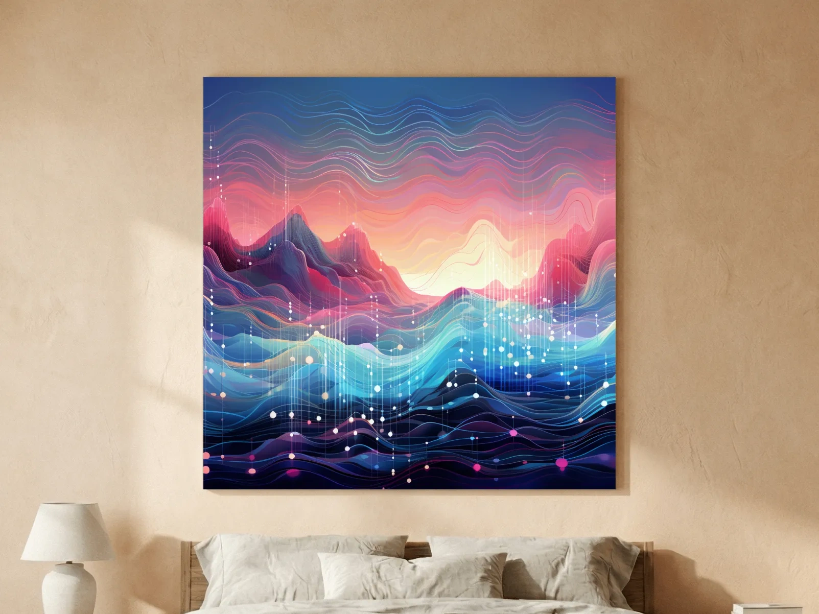 Funky Abstract Soundwave Mountain Patterns - Neon Sunset Landscape Wall Art