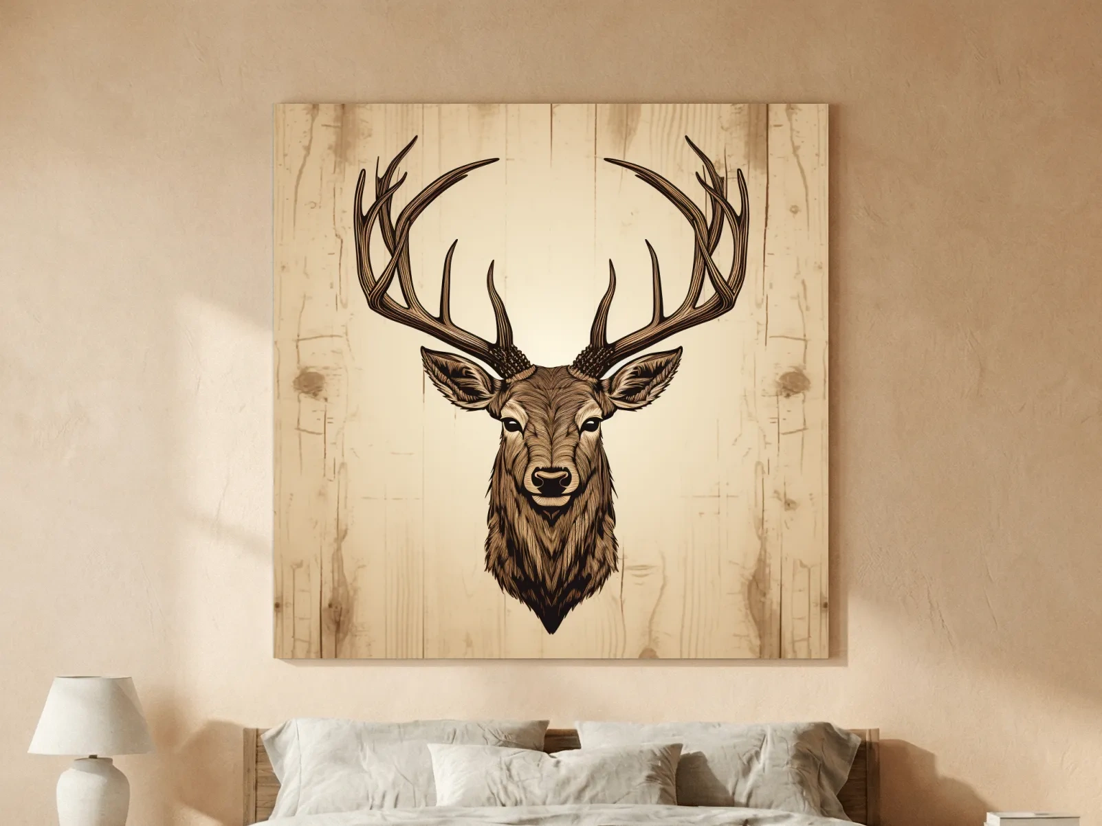 Engraved wood art of deer head 
