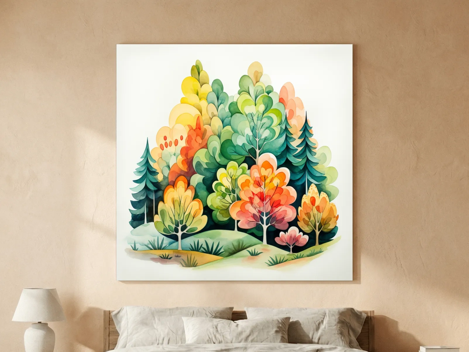 Whimsical Watercolor Forest Trees Illustration - Colorful Botanical Wall Art