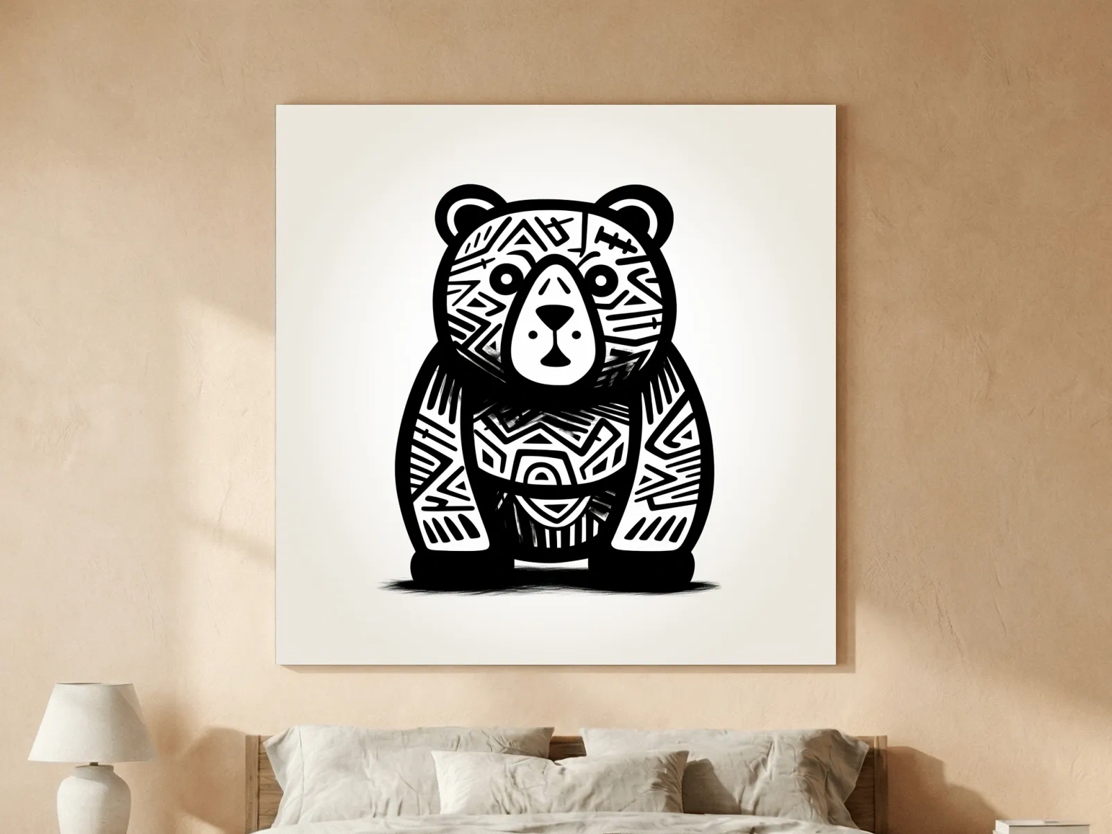 Tribal Pattern Bear Illustration - Quirky Black And White Animal Wall Art