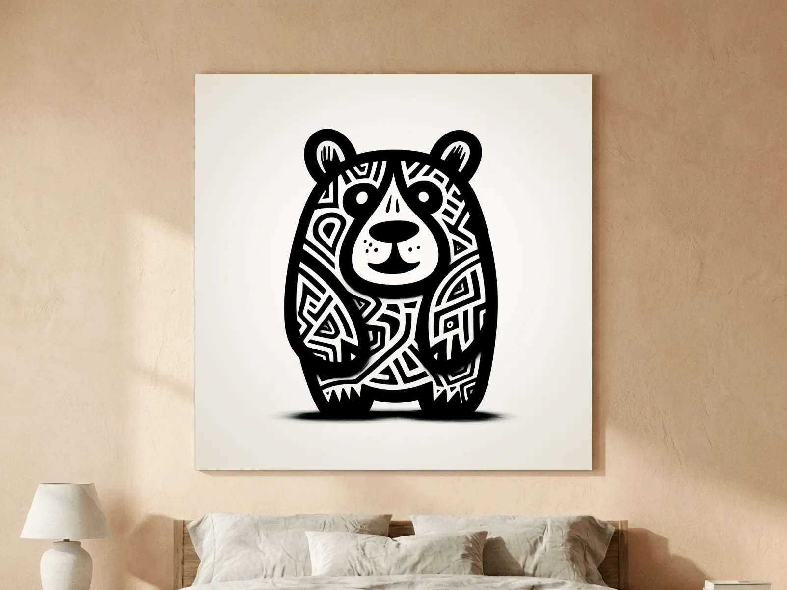 Tribal Cartoon Bear Illustration - Minimalist Black And White Wildlife Wall Art