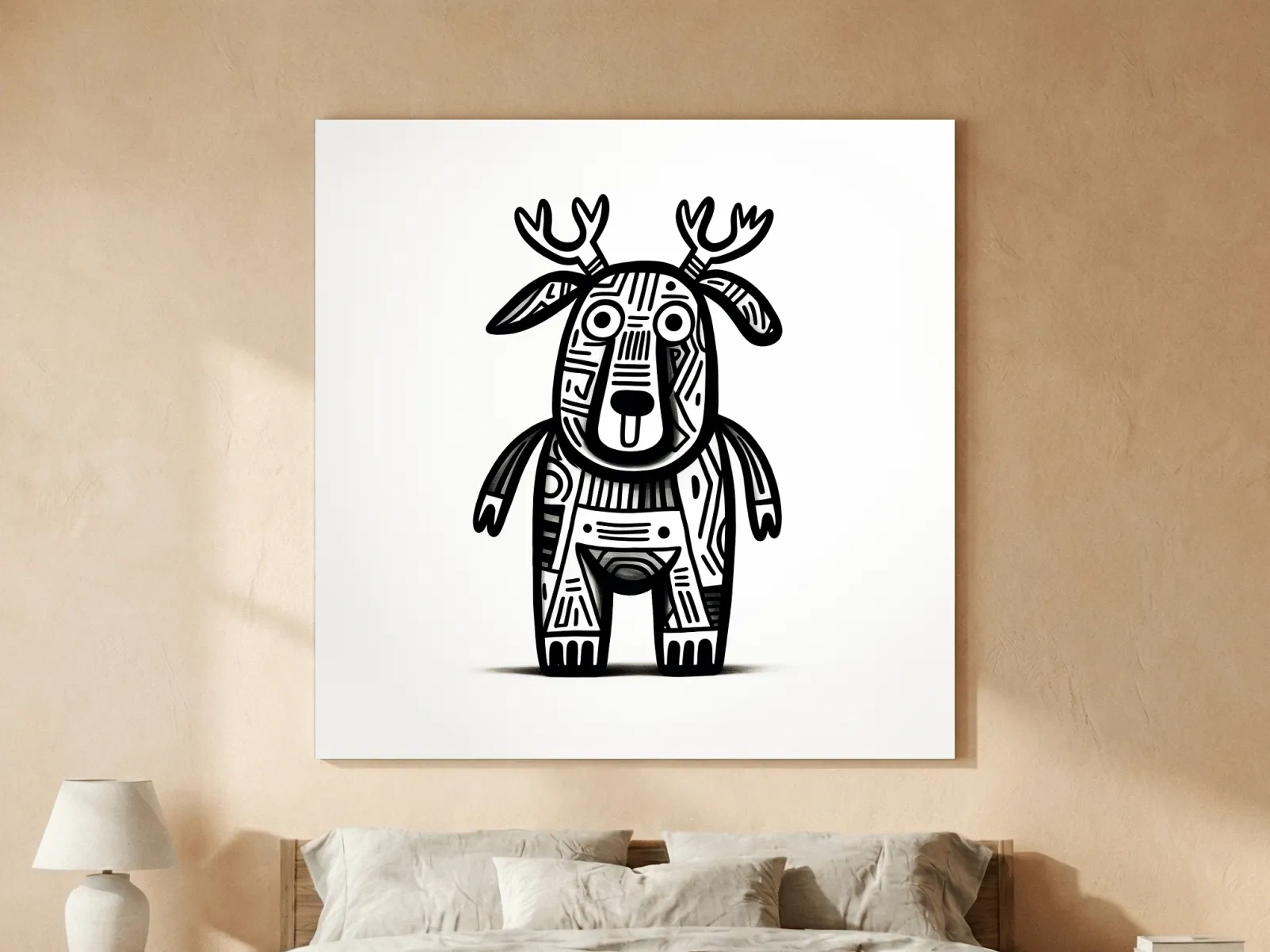 Whimsical Tribal Deer Illustration - Quirky Black And White Animal Wall Art