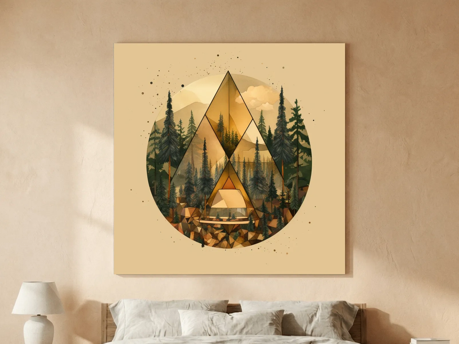 Geometric Mountain Cabin Forest Landscape - Modern Abstract Nature Wall Art