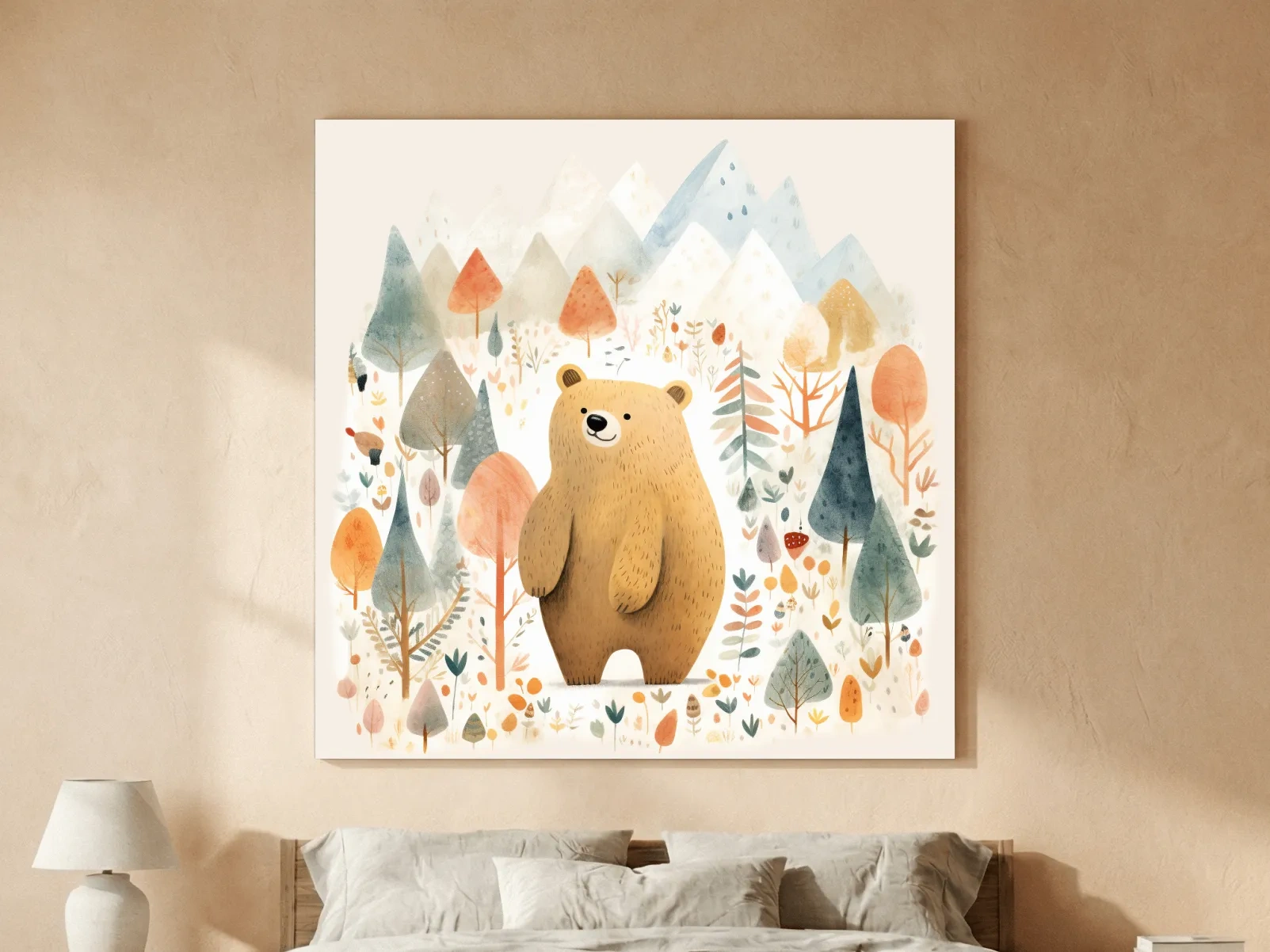 Cute Watercolor Bear In Mountain Forest - Whimsical Nursery Wall Art