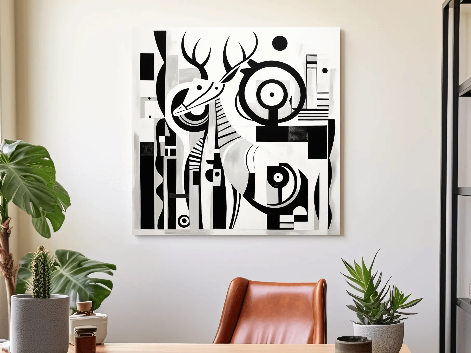 Abstract Geometric Deer Artwork - Mid-Century Black And White Animal Wall Art