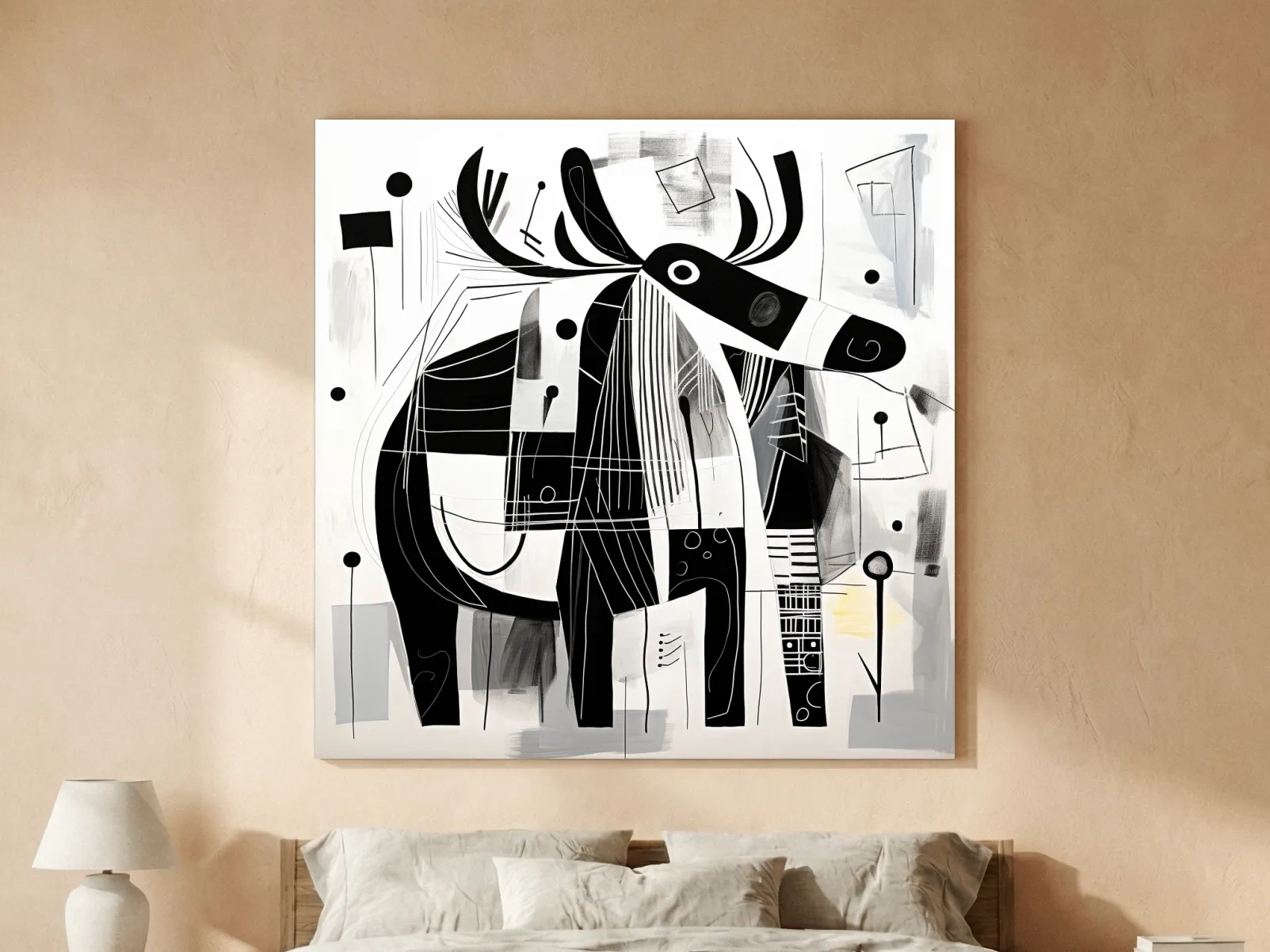 Abstract Monochrome Moose Illustration - Modern Geometric Wildlife Wall Art