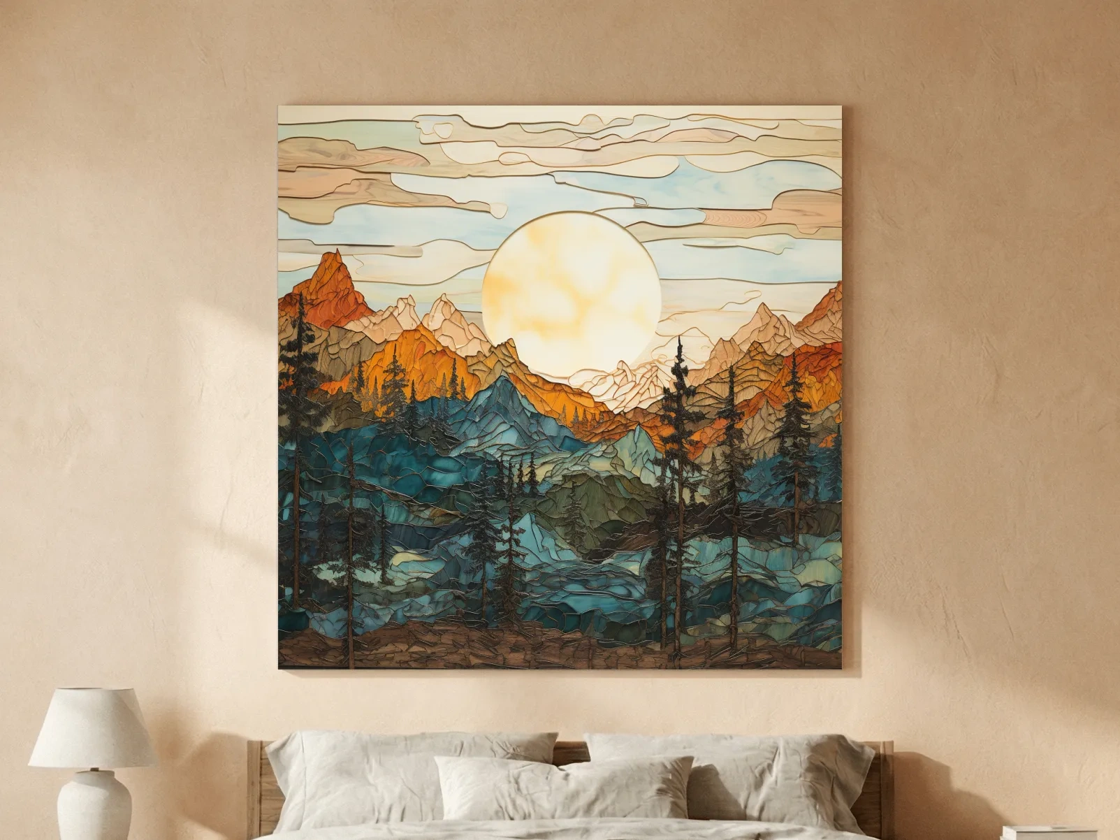 Stained Glass Mountain Sunset Landscape - Colorful Mosaic Forest Wall Art