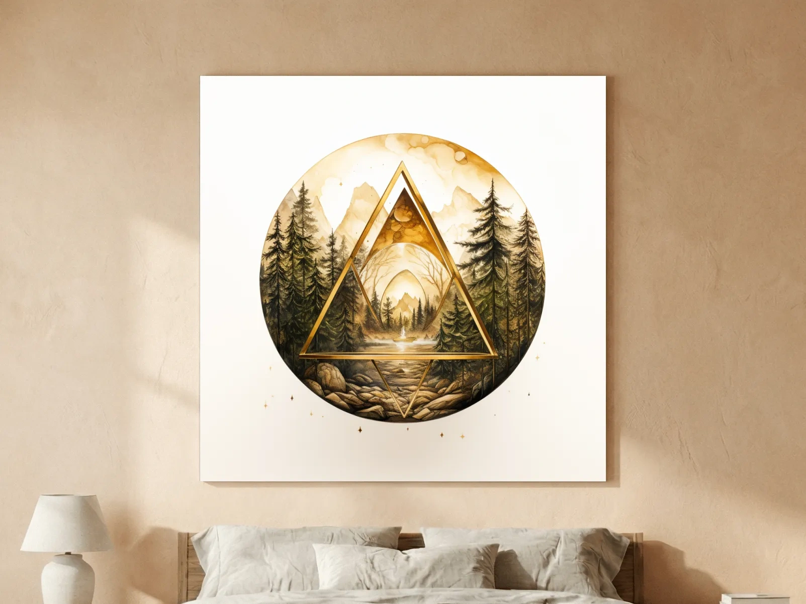 Rustic Mountain Forest Watercolor - Gold Sepia Landscape Wall Art