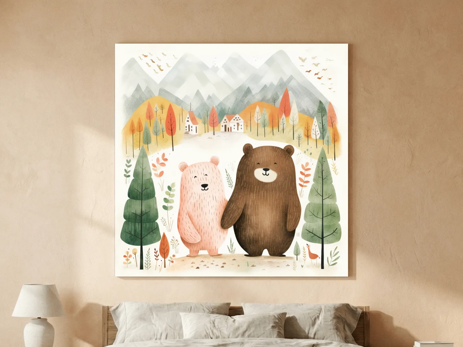 Cute storybook nursery art, bears holding hands in the mountains 