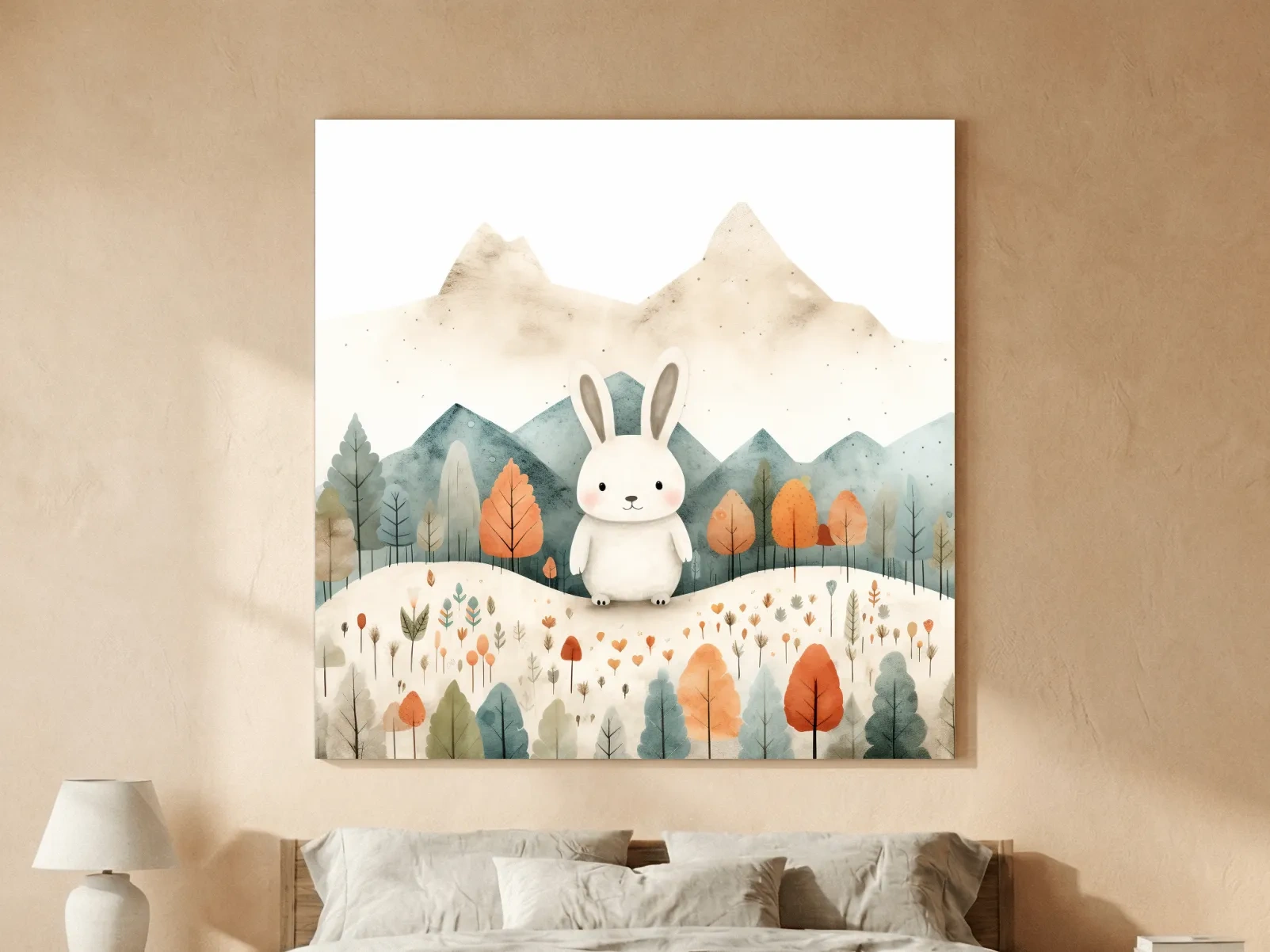 Cute Watercolor Bunny In Mountain Forest - Whimsical Nursery Woodland Wall Art