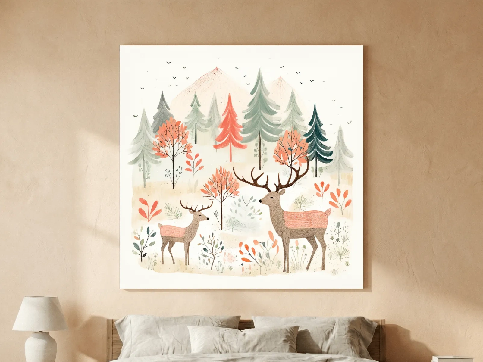 Whimsical Watercolor Deer Forest Storybook Scene - Scandinavian Woodland Nursery Wall Art