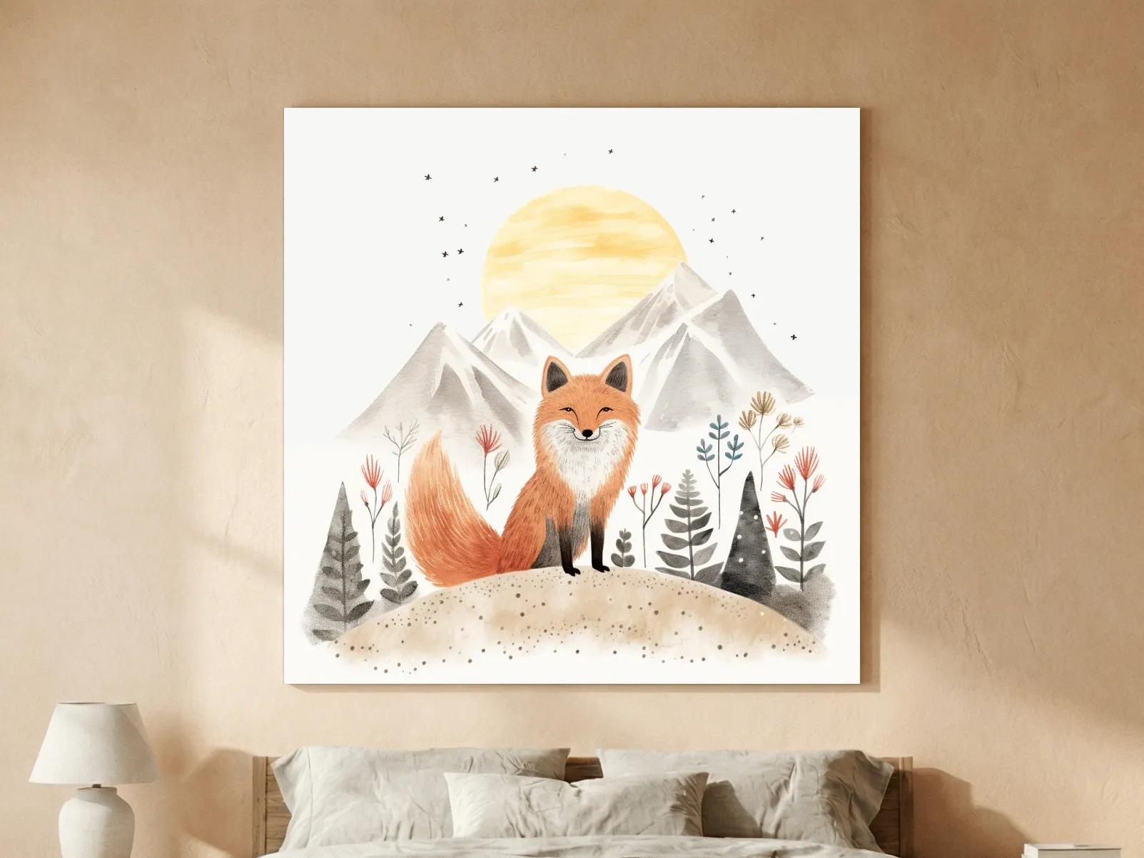 Whimsical Watercolor Fox Mountain Sunrise - Nursery Woodland Animal Wall Art