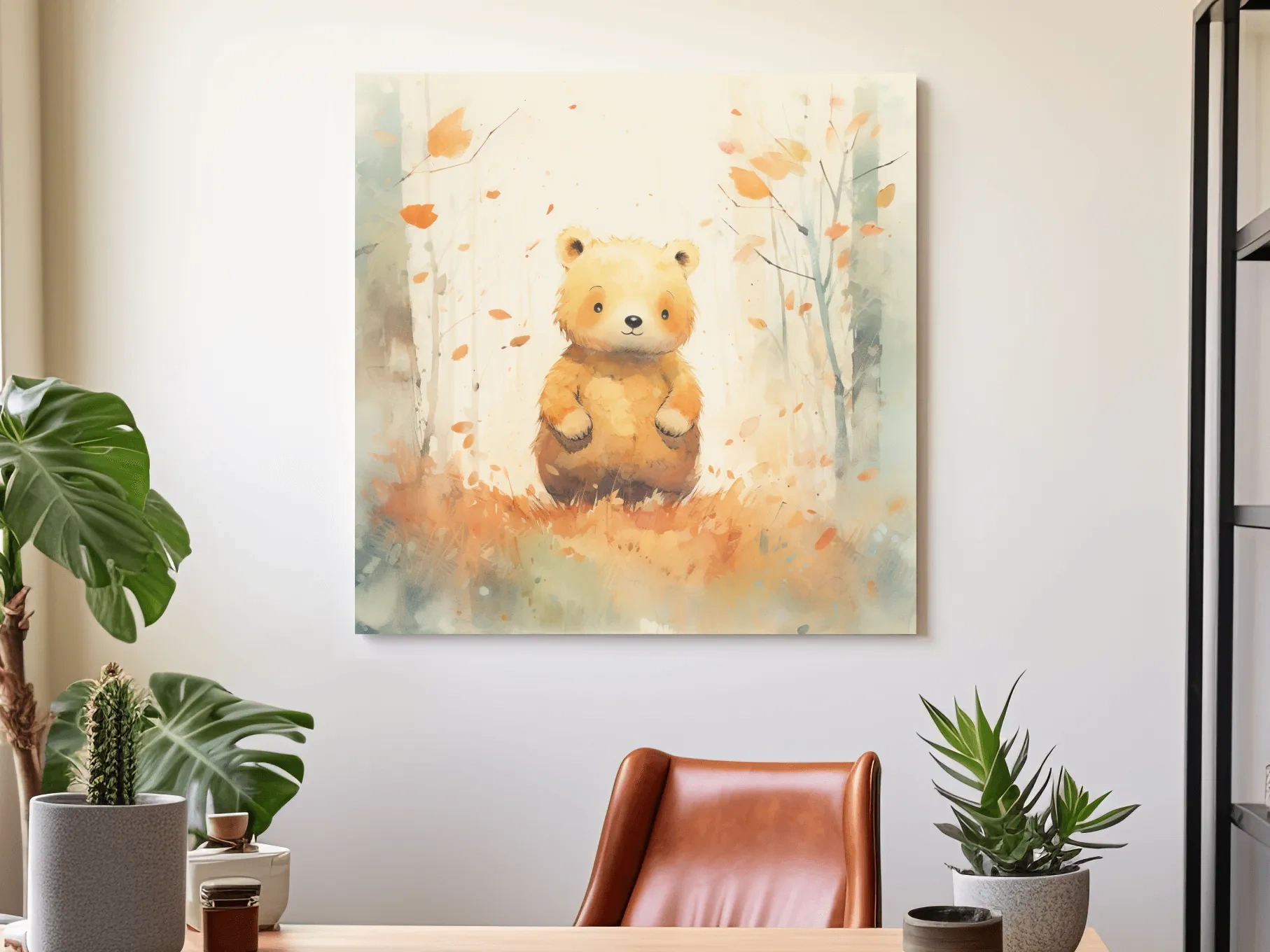 Cute Watercolor Bear Cub In Autumn Forest - Whimsical Nursery Animal Wall Art
