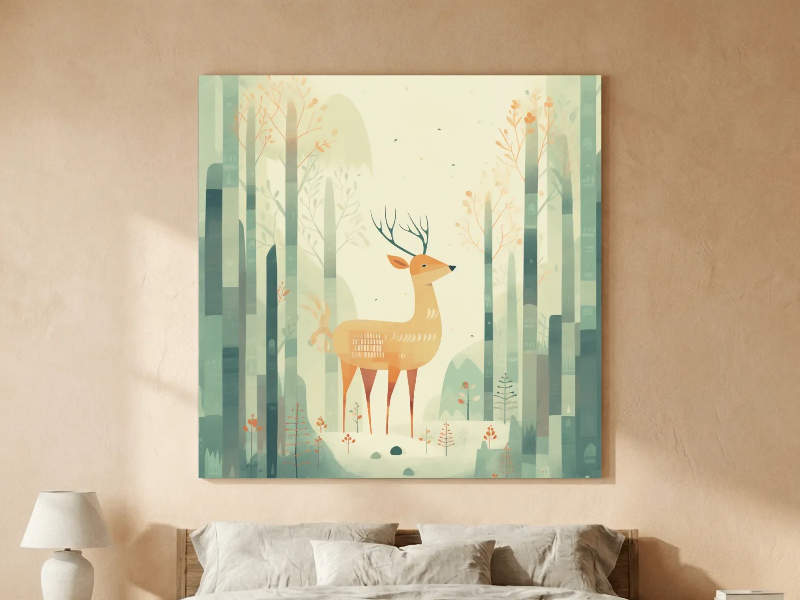 Whimsical Deer In Misty Forest - Minimalist Woodland Nursery Wall Art