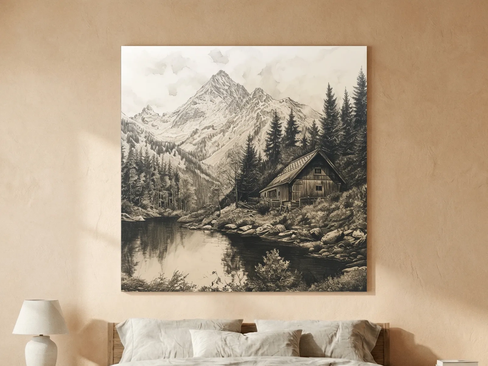 Vintage Sepia Mountain Cabin Lake Scene - Rustic Alpine Forest Landscape Art