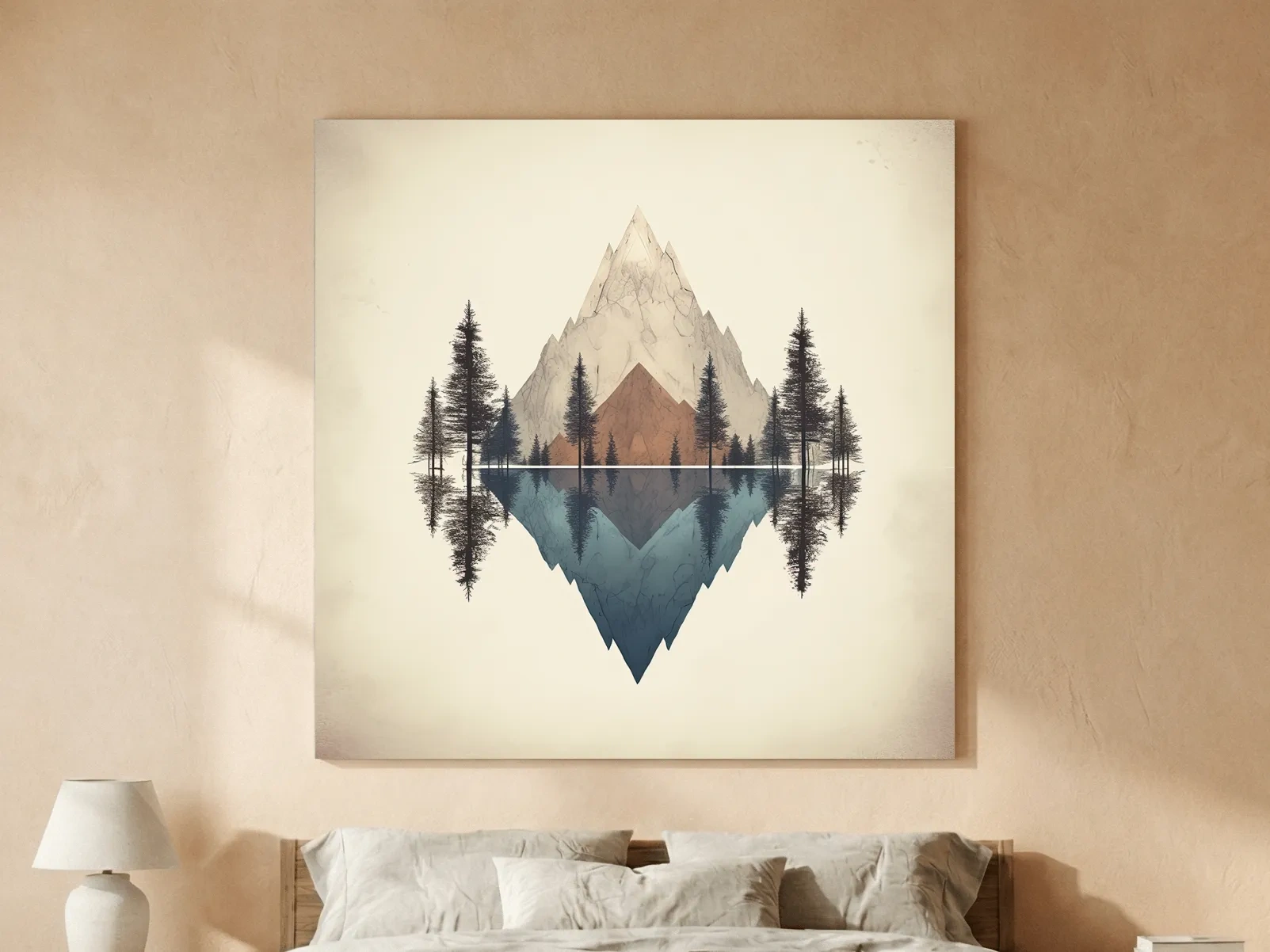 Minimalist Geometric Mountain Lake Reflection - Pine Forest Landscape Wall Art