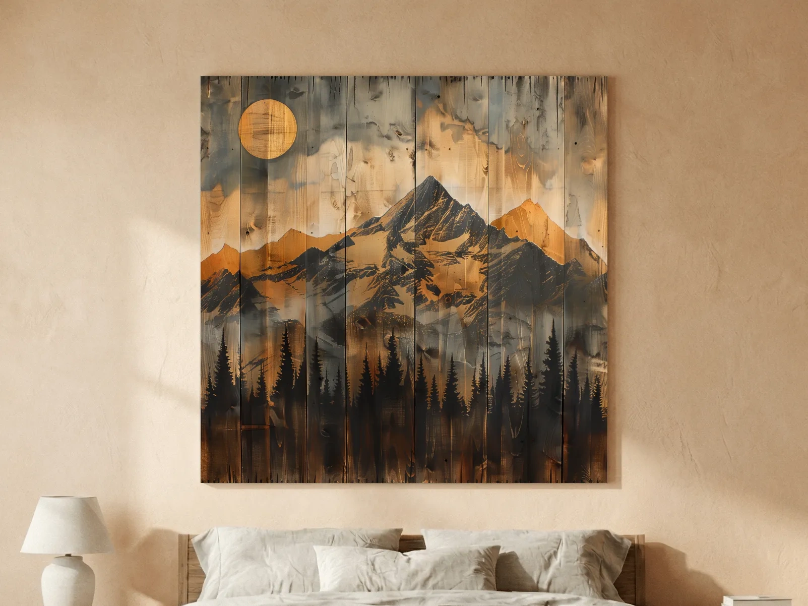 Rustic Woodgrain Mountain Sunset Artwork - Vintage Pine Forest Wall Art