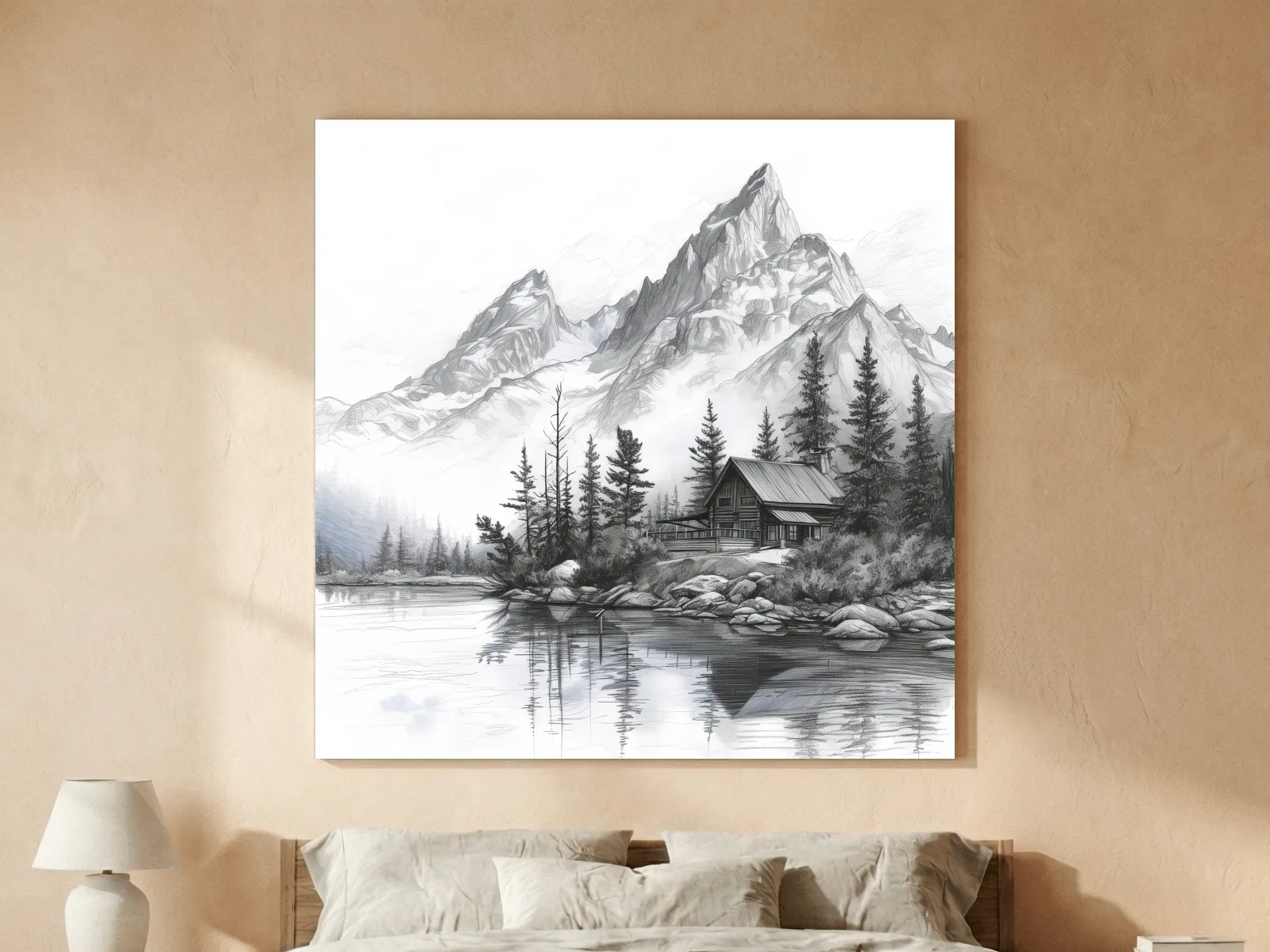 Monochrome Mountain Lake Cabin Sketch - Rustic Alpine Glacier Wall Art