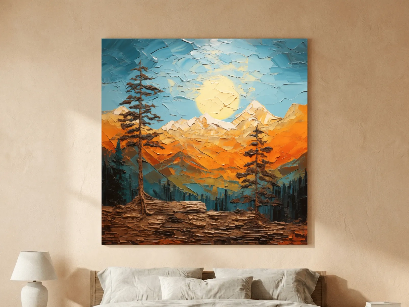 Impasto Style Mountain Sunrise Landscape - Bold Alpine Wall Art