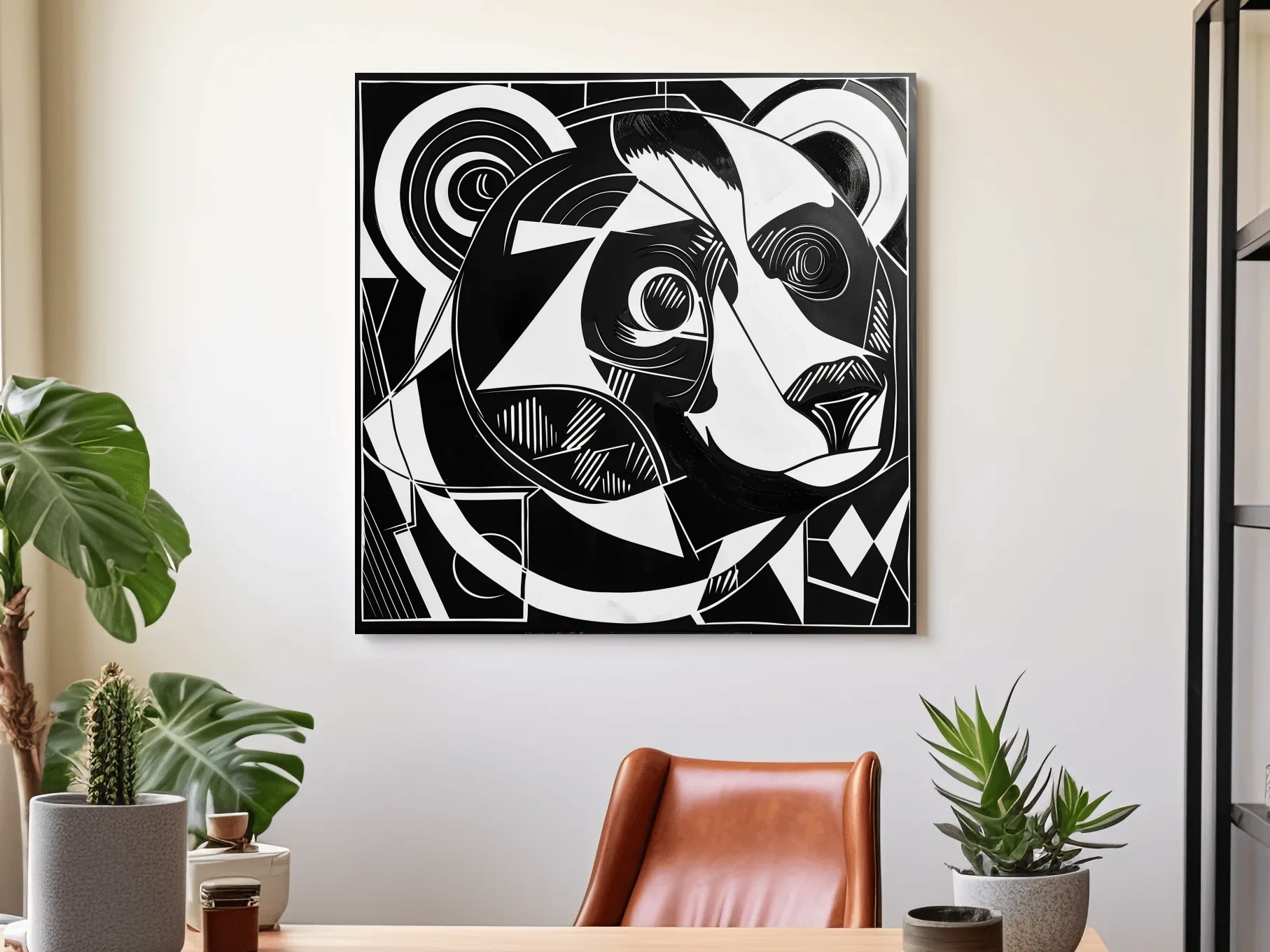 Cubism style abstract painting of a black bear, modern wall art