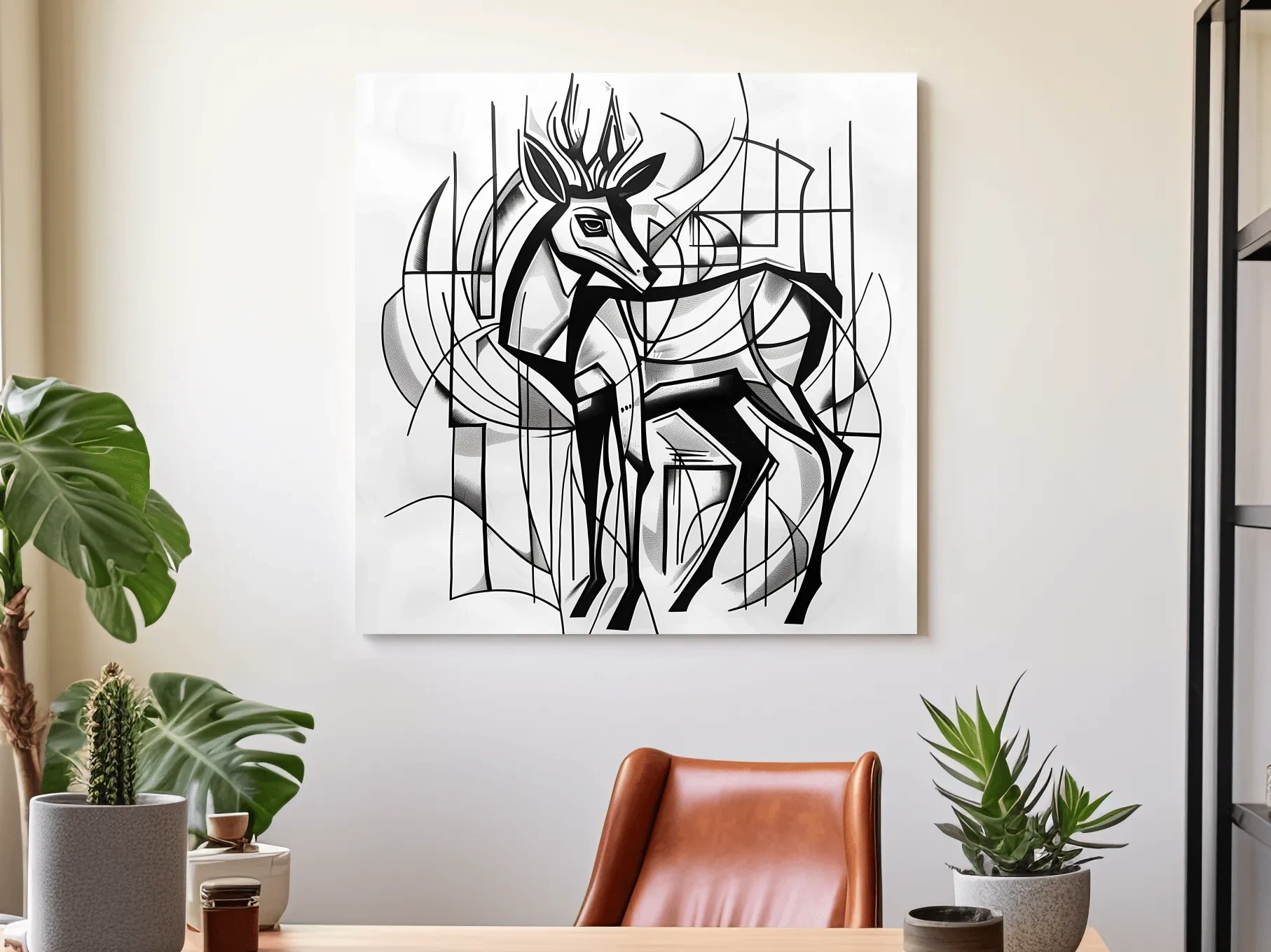 Abstract artwork, geometric deer painting, cubism line art