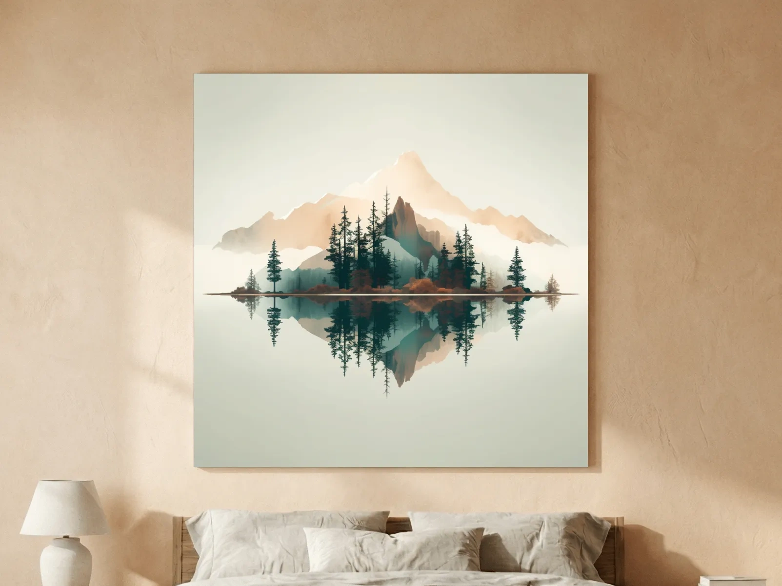 Minimalist Watercolor Mountain Lake Reflection - Serene Pine Forest Landscape Wall Art
