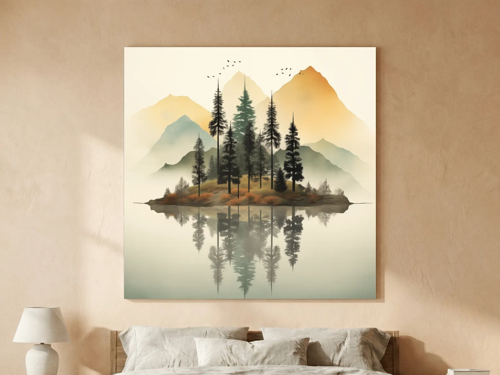 Misty Pine Forest Island Reflection - Minimalist Mountain Lake Wall Art